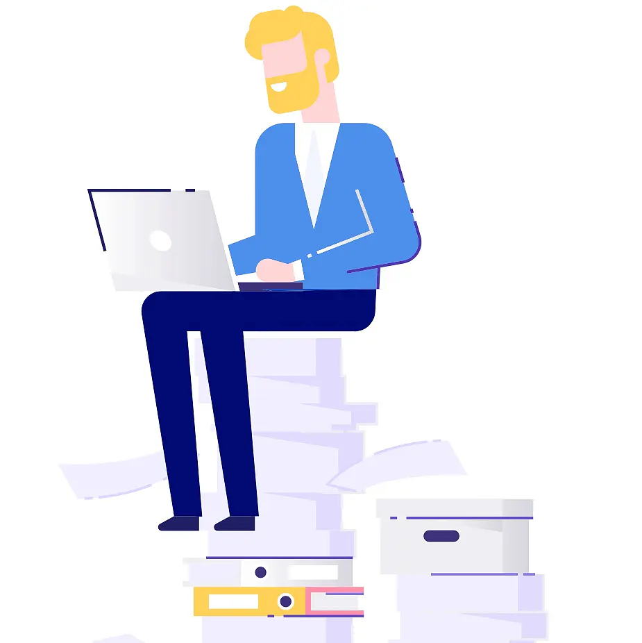 An illustration of a man in a blue suit sitting on top of a tall stack of documents and folders. He is using a laptop. Papers are scattered around, and there are several storage boxes at the bottom of the stack, all sealed with tesa tape.