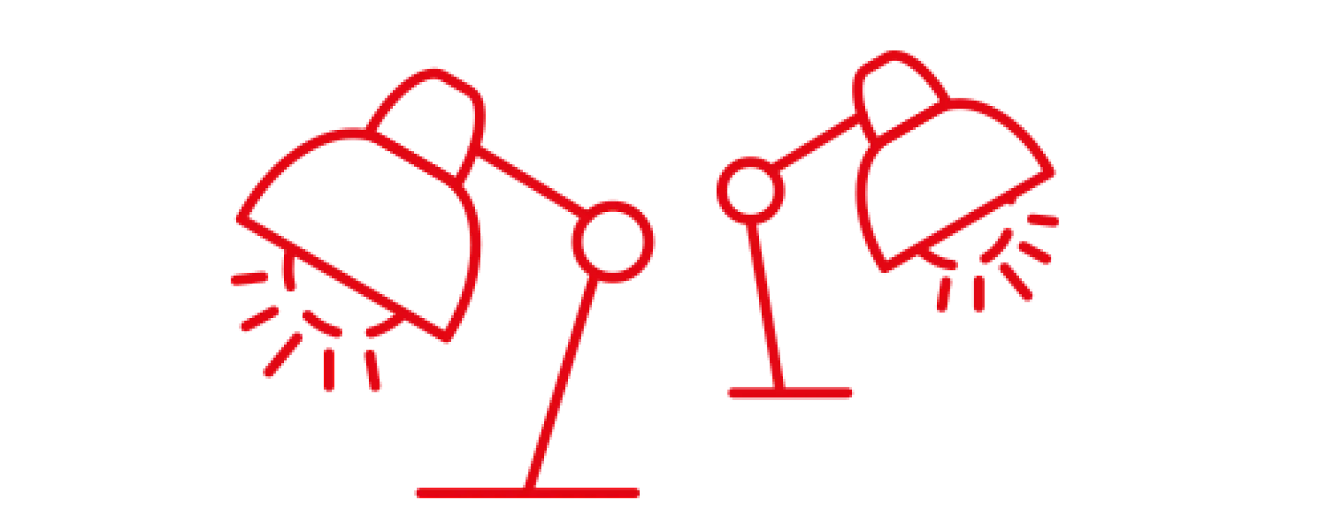 Illustration of two red desk lamps facing each other. The lamps have articulated arms and are depicted with lines suggesting light emanating from the lampshades. The background is white.