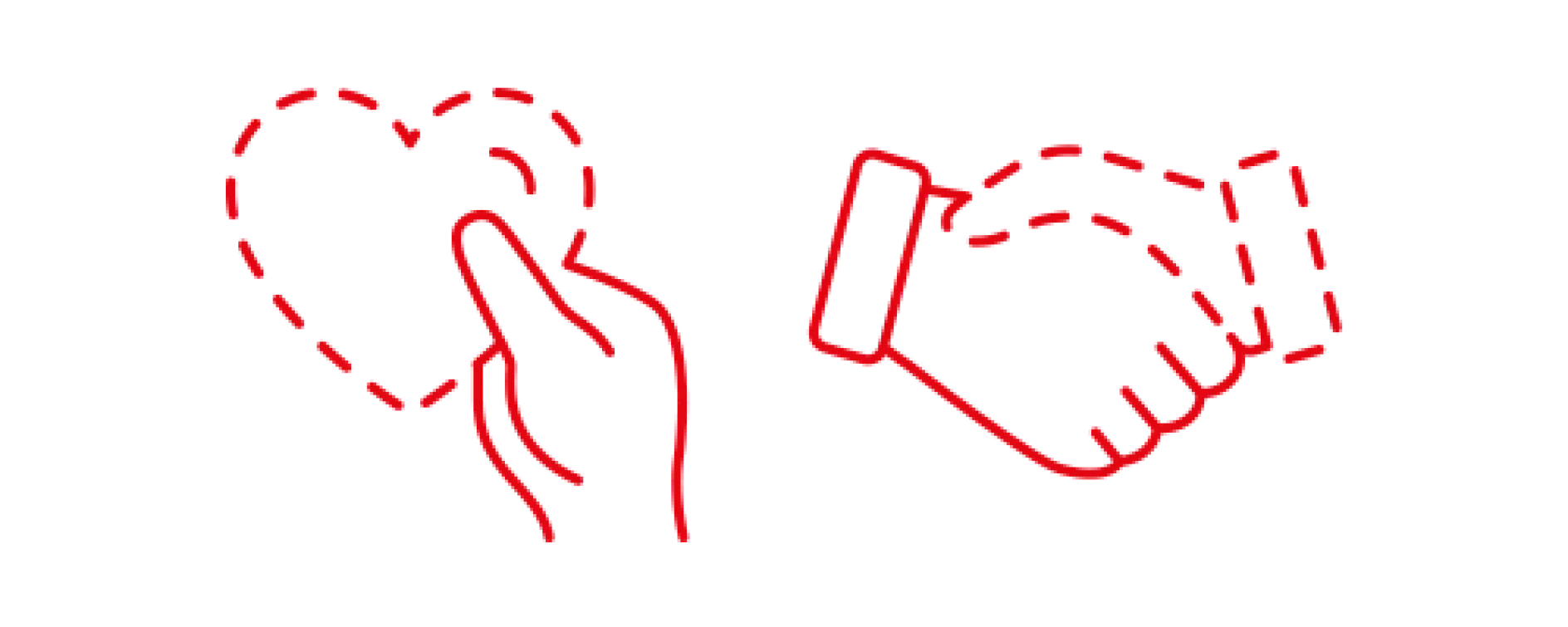A red outline of two images on a black background. On the left, a hand holding a heart shape made with tesa tape. On the right, a hand forming a fist bump, outlined in dashed tesa tape lines suggesting an incomplete or sketched design.