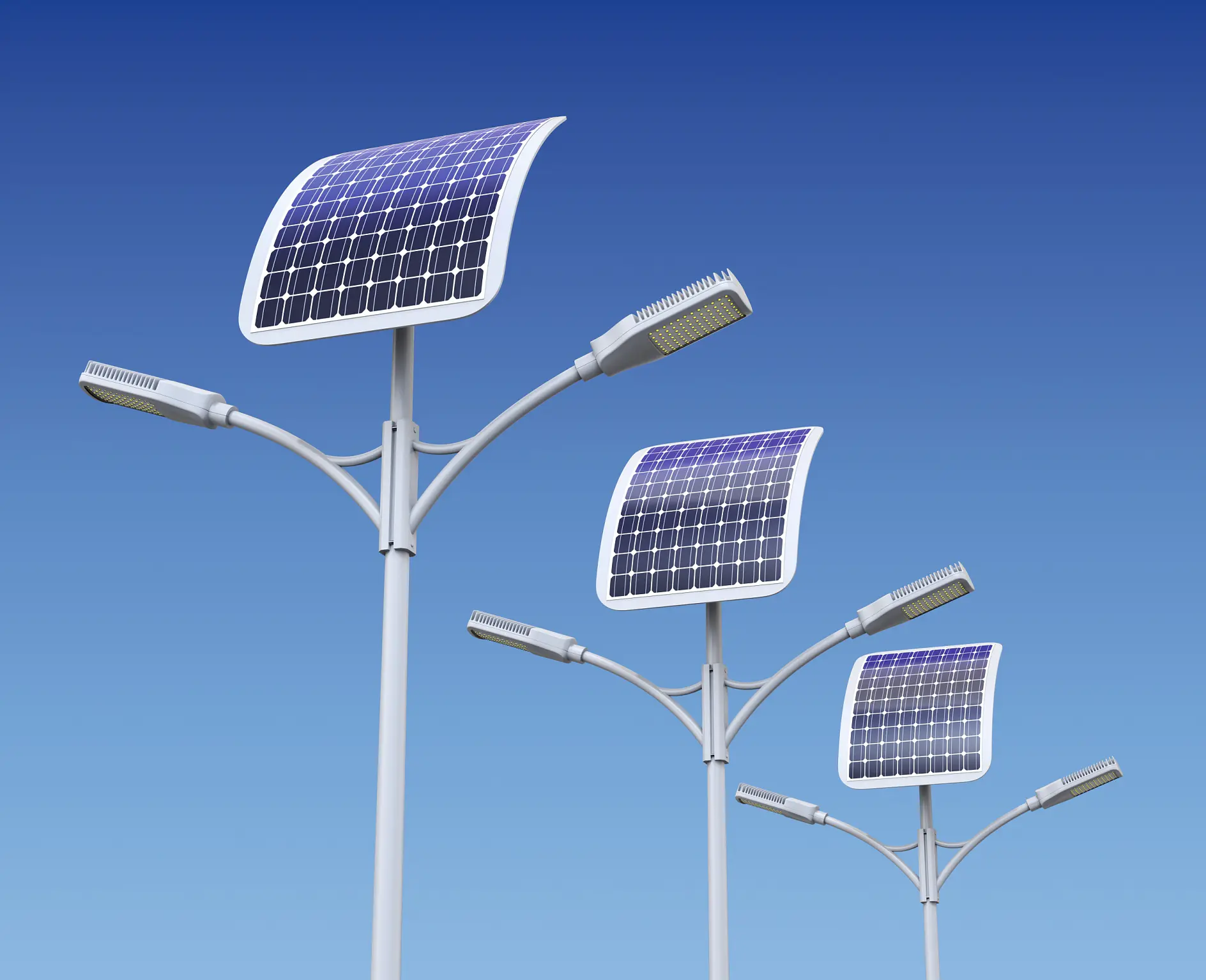 Three modern streetlights with integrated solar panels are positioned against a clear blue sky. Each lamp has a dual-arm design, with square solar panels mounted on top. The image emphasizes renewable energy technology.