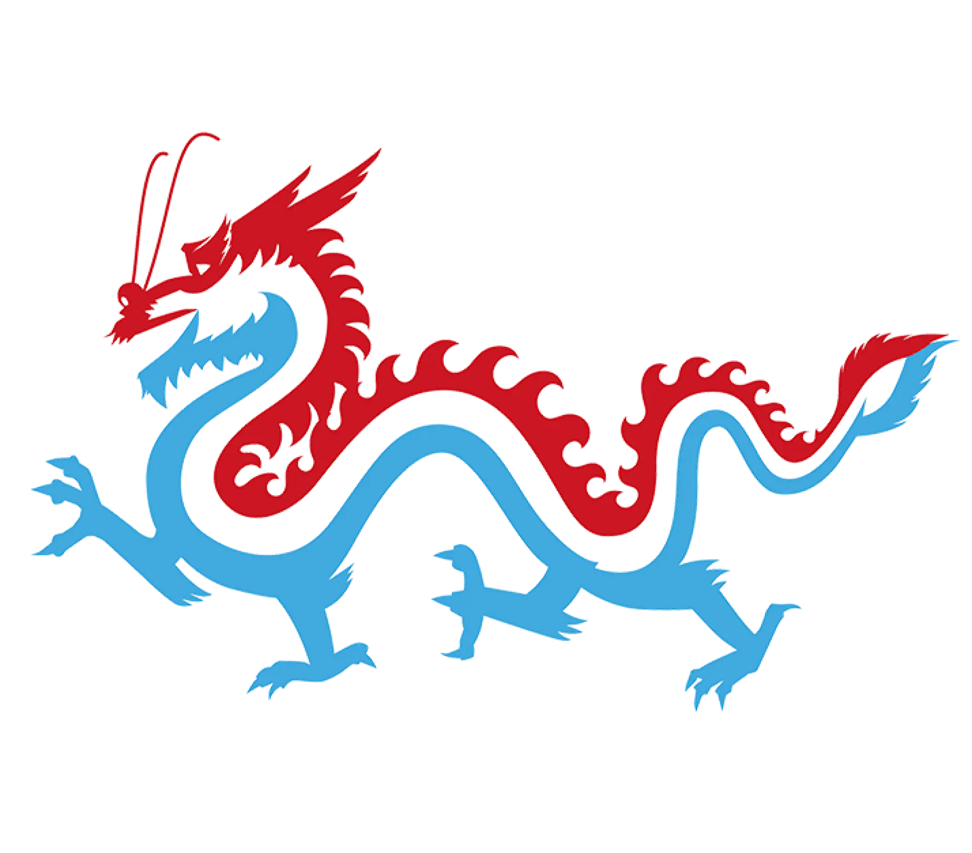 The illustration features a dragon with a stylized design. The dragons body is divided in color, with the front half in red and the back half in blue. It has a curved tail and a long, snake-like body. Its mouth is open, showcasing its prominent horns and claws.