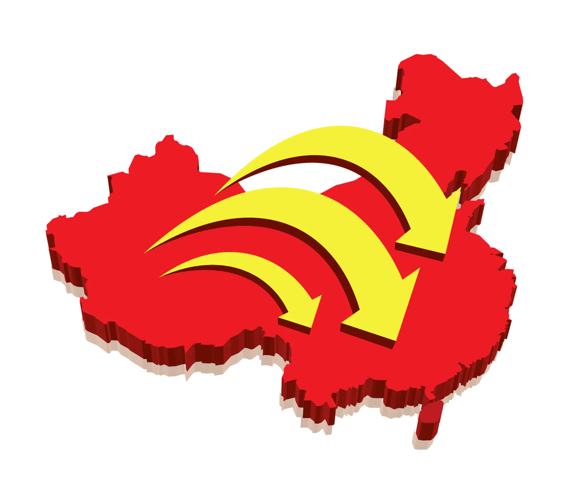 Red 3D map of China with three yellow arrows pointing inward from the eastern coast towards the central region, suggesting movement or direction. (This text has been generated by AI)