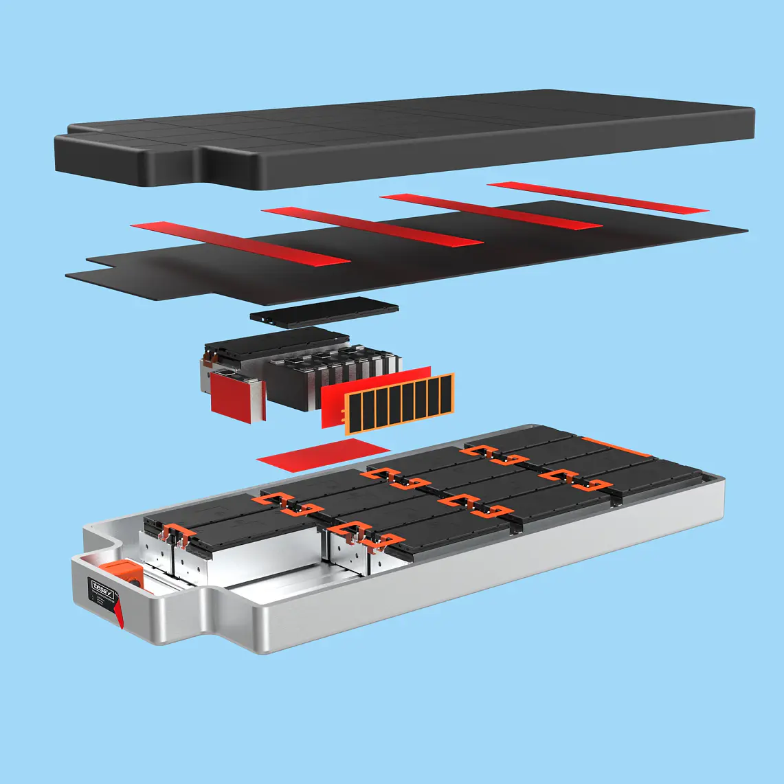 Exploded view of a battery pack against a blue background. The image shows various components separated, including the outer casing, internal modules, and electronic connectors. Each part is color-coded in black, red, and gray.