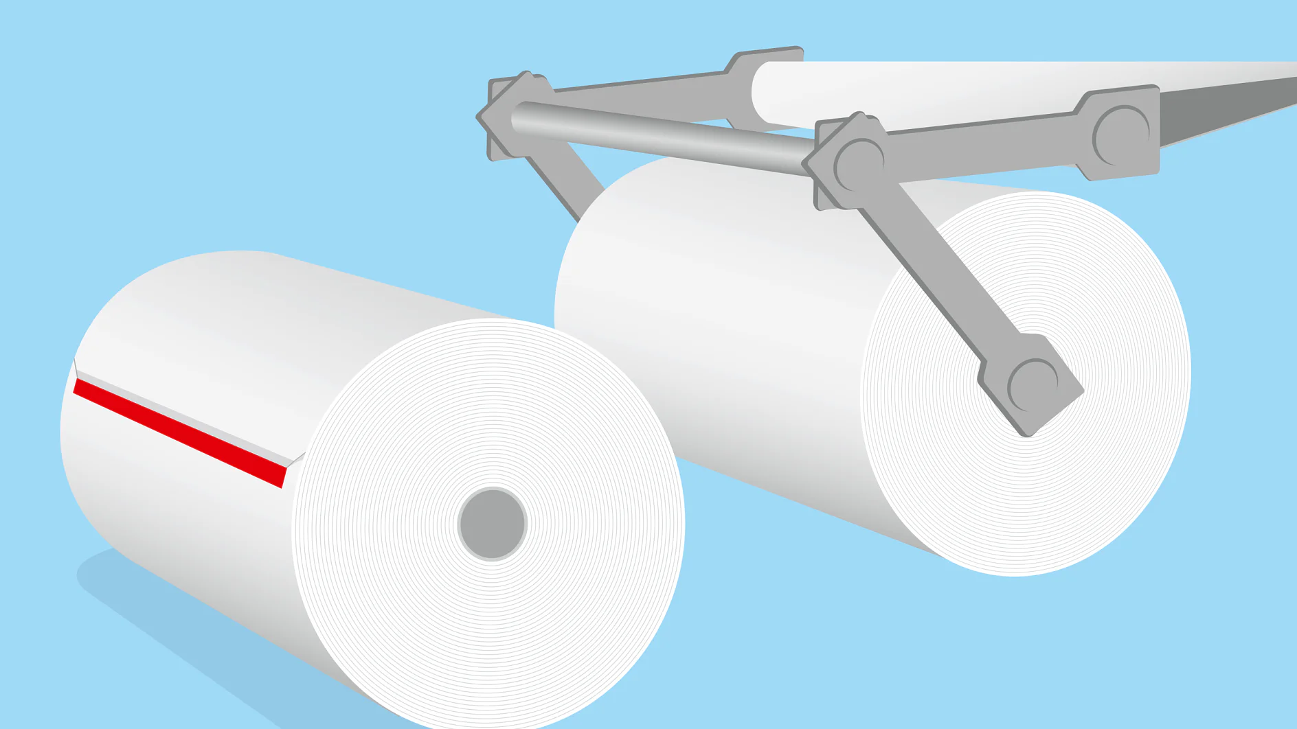 Illustration of two large paper rolls, one being processed by gray industrial arms. One roll has a red stripe made with tesa tape on its surface. The background is light blue. (This text has been generated by AI)