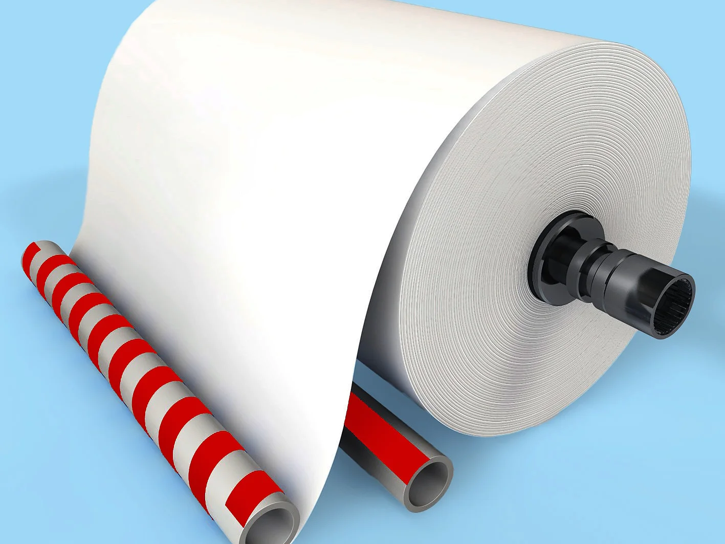 A large, white roll of paper is positioned against a light blue background. Two cylindrical tubes, one with red and white stripes and another with red and gray stripes, are placed beside the tesa tape roll. (This text has been generated by AI)