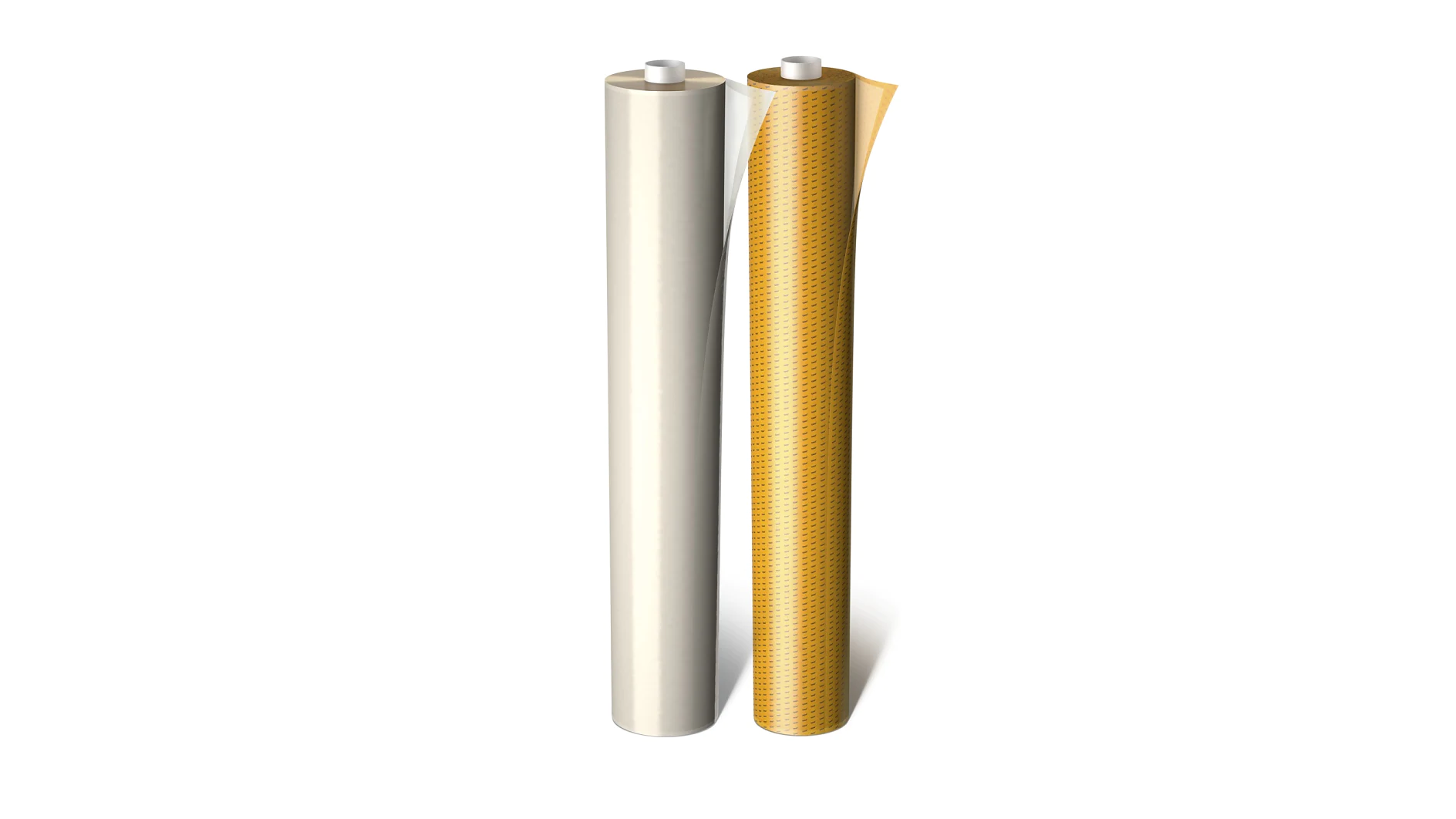 Two vertical rolls of adhesive film are shown. The left roll is white, and the right roll has a reflective orange pattern. Both rolls are upright, with the orange tesa tape slightly unrolled at the top edge. (This text has been generated by AI)