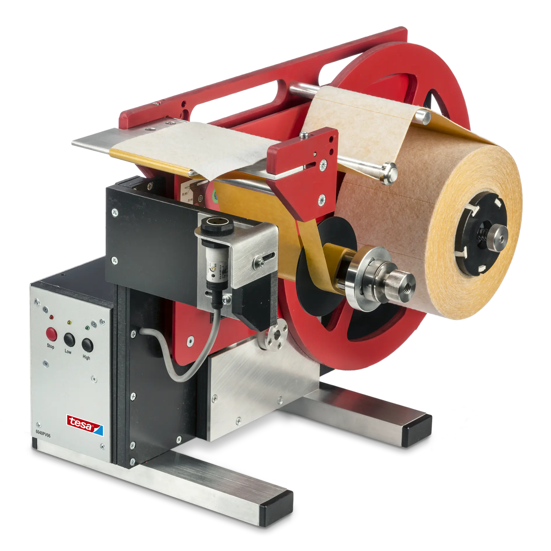 A labeling machine featuring a large roll of adhesive labels. It has a metallic frame with red and silver components, and a control panel with buttons and switches on the left side. The tesa logo is visible on the front.