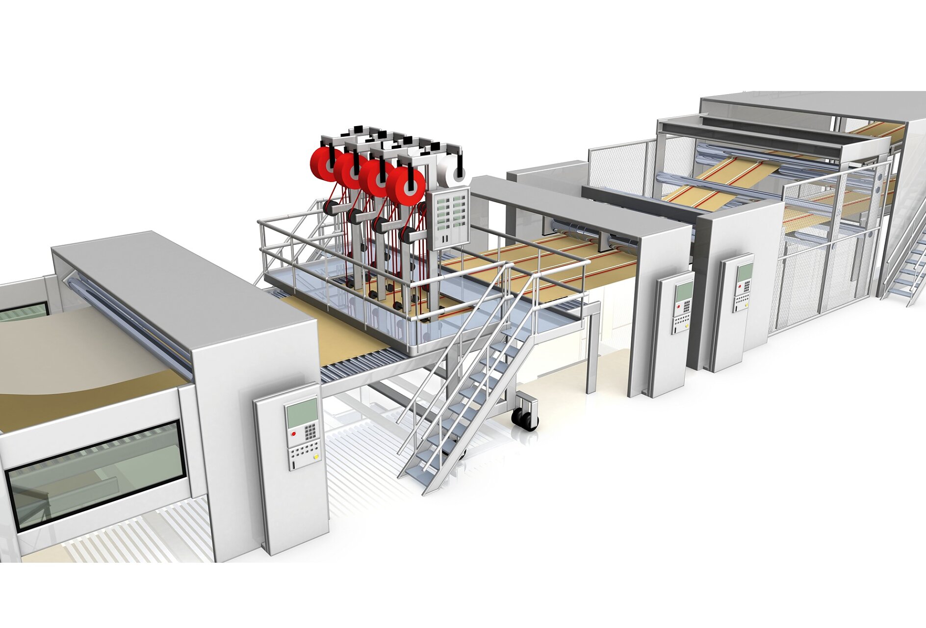 A digital illustration of an industrial printing press system. It features a series of machines connected by conveyor belts, with control panels on the sides and a staircase. Red rollers are visible at the top of one section, held securely in place with tesa tape. (This text has been generated by AI)