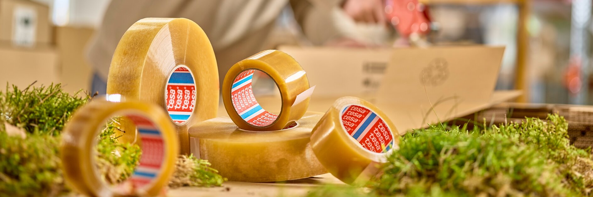 A person in a beige sweater is using a tesa tape dispenser in a warehouse setting. Several rolls of tesa tape are in the foreground, surrounded by patches of greenery. Shelves with boxes and pallets are visible in the background.