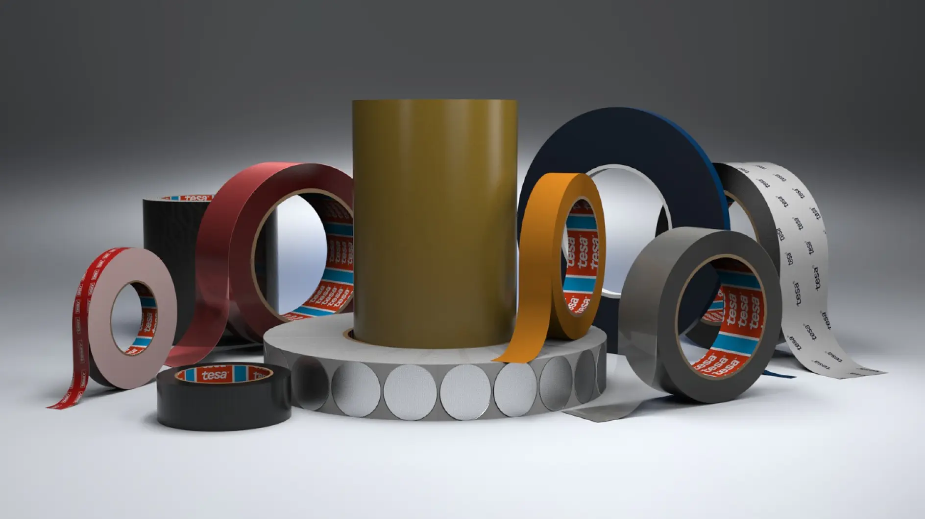A variety of adhesive tesa tape rolls are displayed, including red, green, black, orange, blue, and white colored tesa tapes. Some rolls stand upright, while others lie flat. Circular, white stickers are also arranged among the tesa tapes. (This text has been generated by AI)