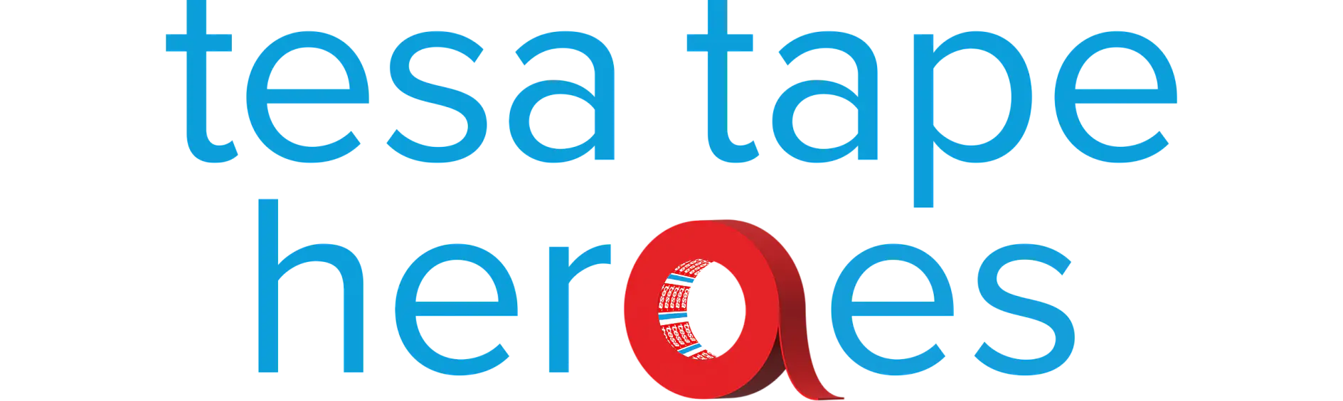 Blue text reading tesa tape heroes with the letter r in heroes designed as a red roll of tesa tape.