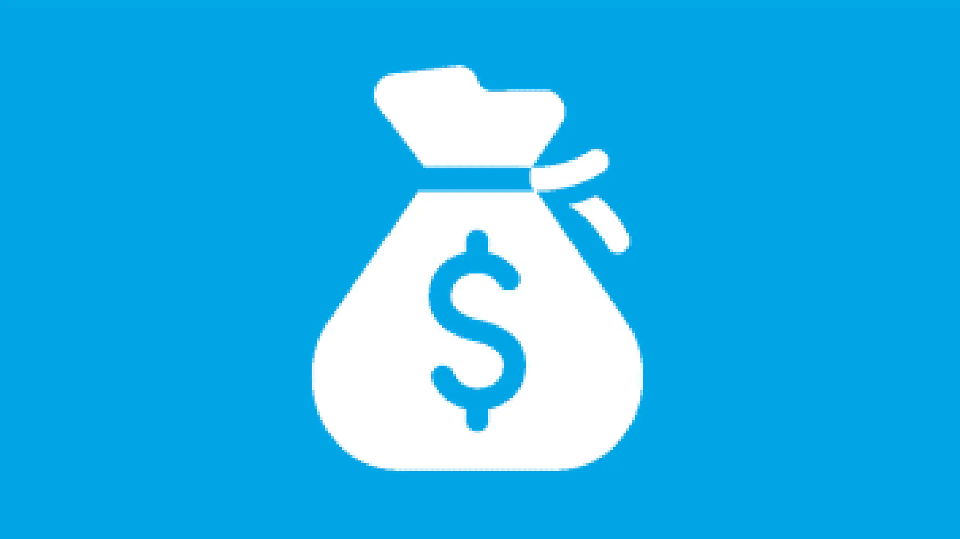 A white icon of a money bag with a dollar sign on it is set against a blue background.