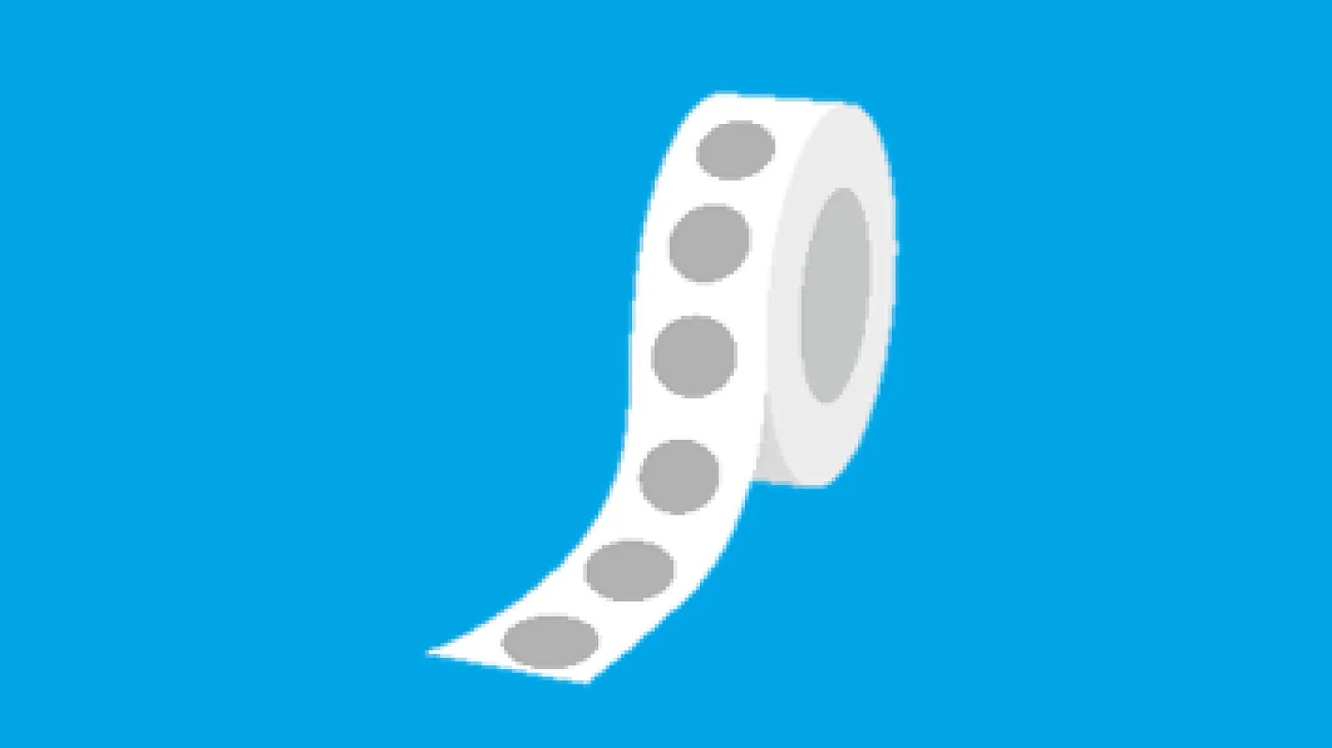 A roll of white stickers with gray circular tesa tape labels on a blue background.