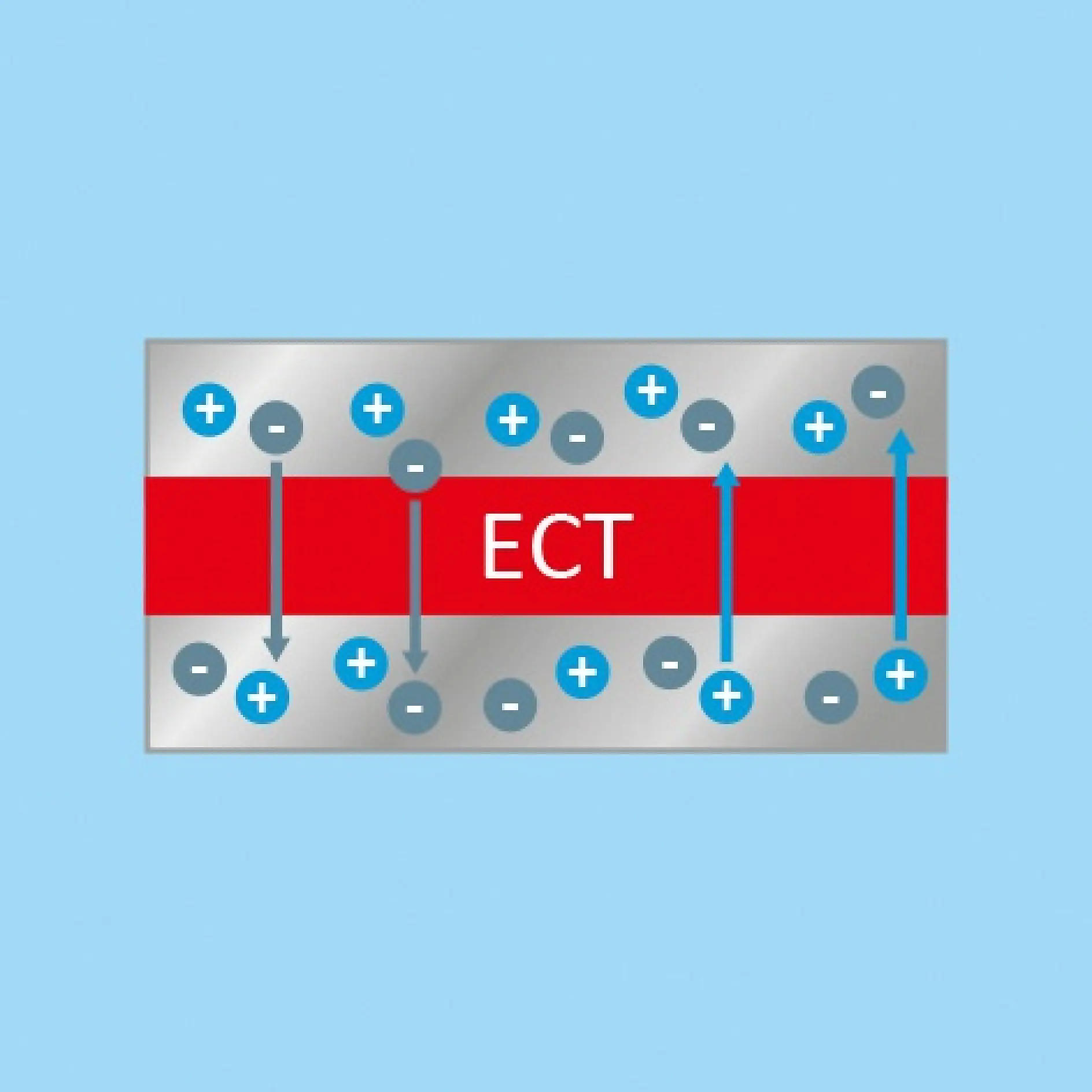 Diagram showing a rectangle divided into a red section labeled ECT with gray borders. Blue circles with plus signs and gray circles with minus signs are around the red section, with arrows indicating movement. Background is light blue.