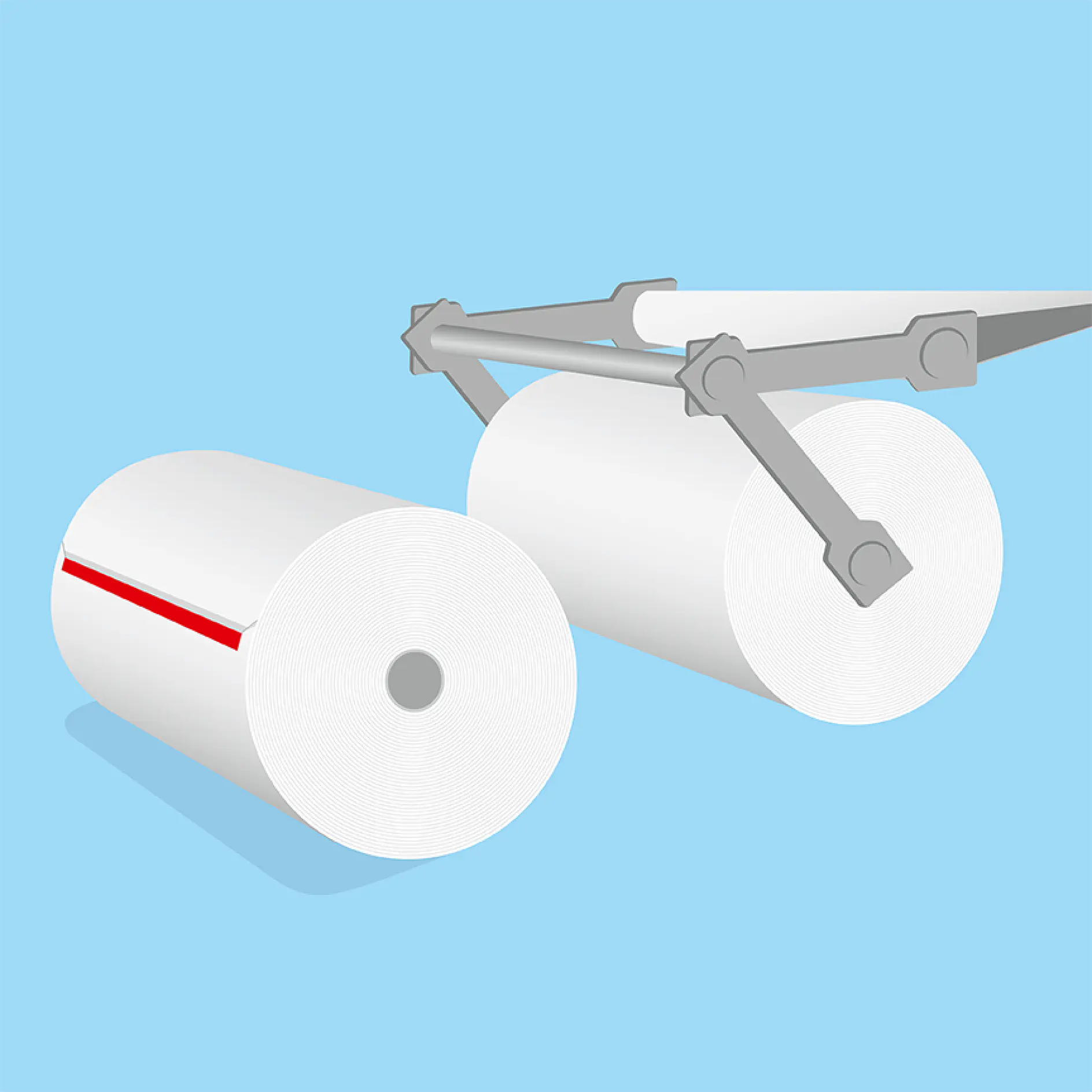 Illustration of two large white paper rolls on a light blue background. One roll is being unwound by a mechanical arm with gray levers using tesa tape. The other roll has a red band along its edge, held in place by tesa tape.