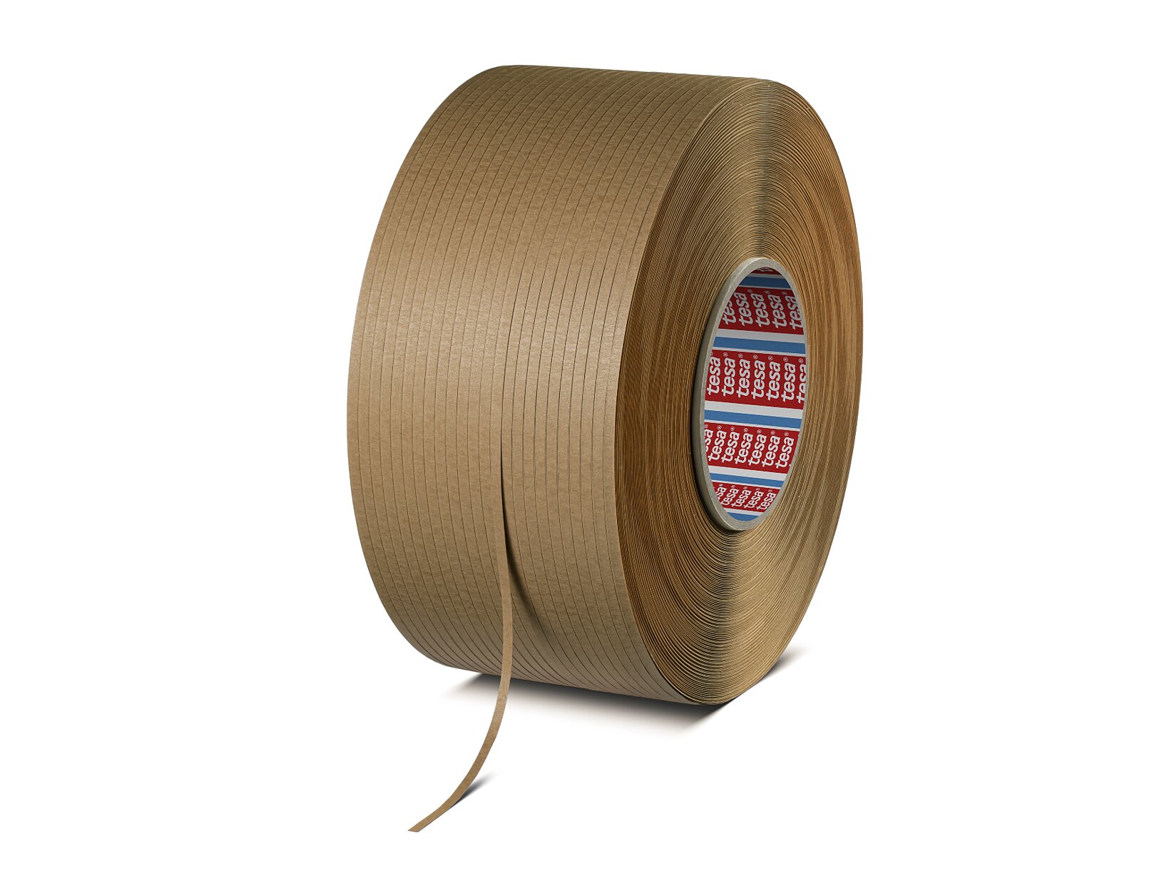 A large roll of brown adhesive tesa tape with a partially unwound strip, viewed from the side against a white background. The tesa tape has a textured surface and a red and white pattern is visible on the inner core. (This text has been generated by AI)