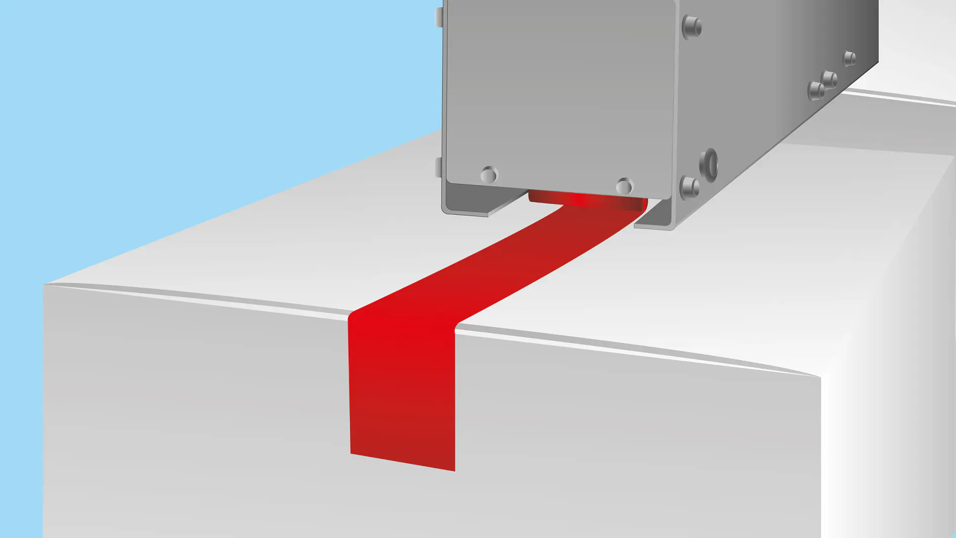 A gray machine dispenses a strip of red tesa tape onto a white surface against a light blue background. The tesa tape emerges from a rectangular slot in the machine. (This text has been generated by AI)