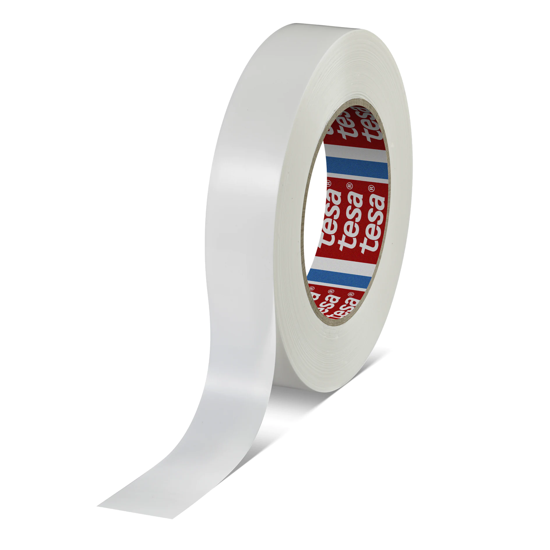 Roll of white tesa adhesive tape with a partially unrolled strip on a white background (This text has been generated by AI)