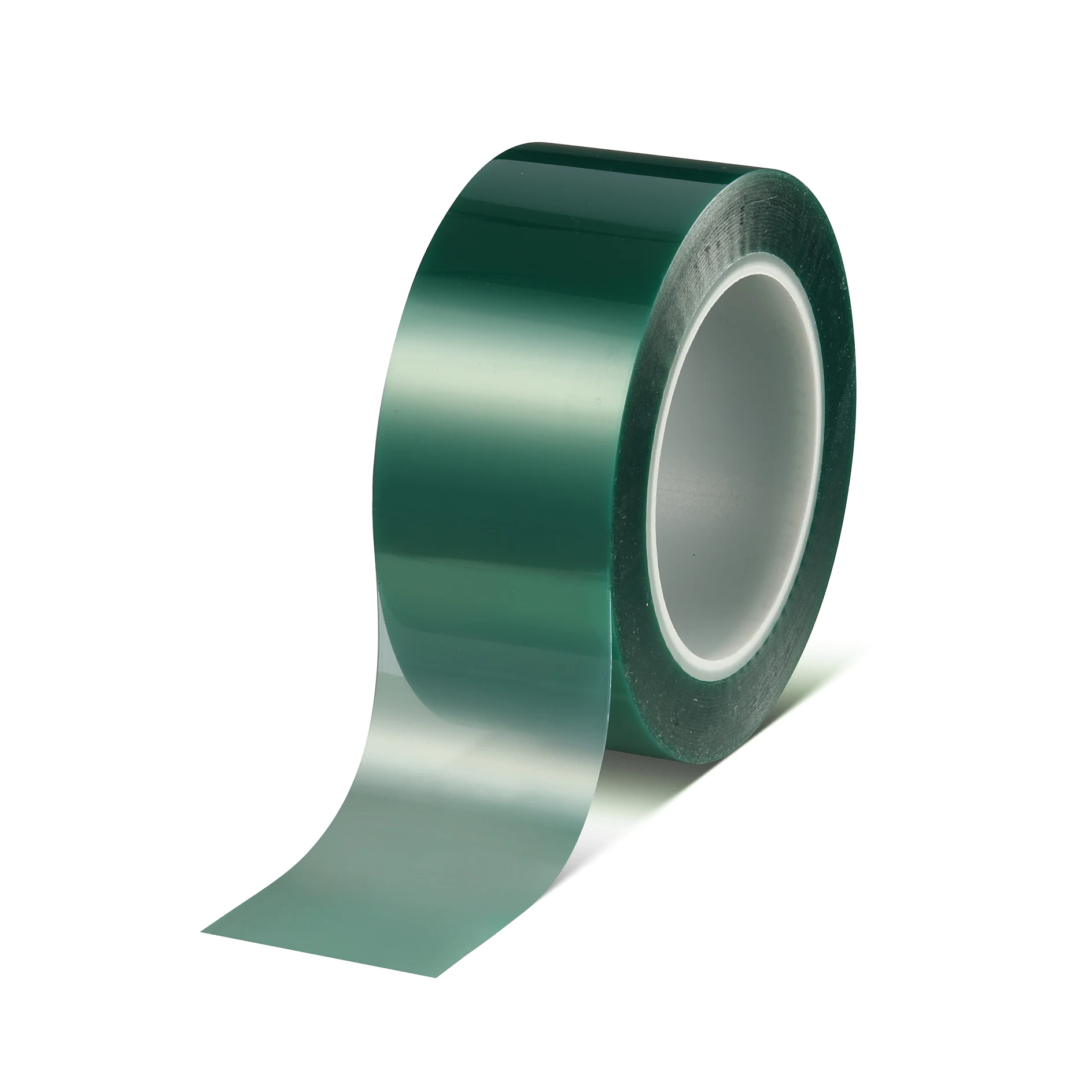 tesa green adhesive tape roll with a partially unrolled strip on a white background (This text has been generated by AI)