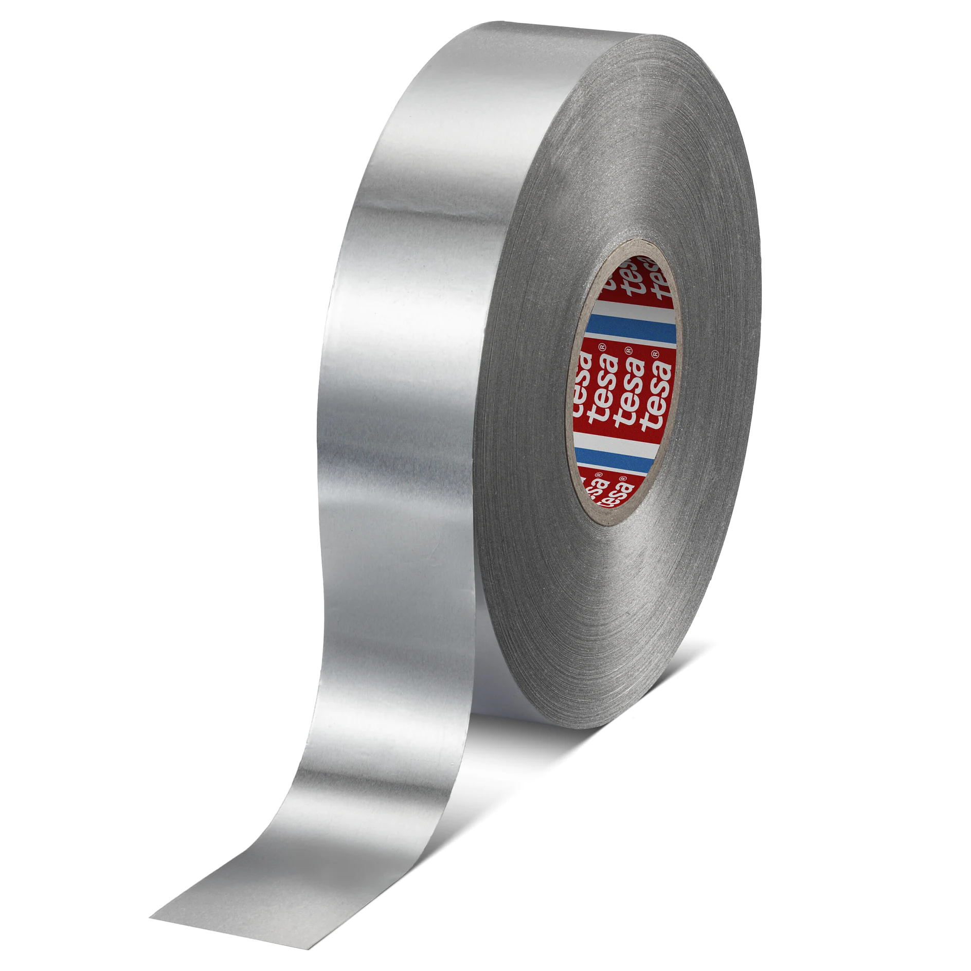 Roll of silver tesa duct tape with partially unrolled strip on white background, isolated product image for packaging or advertising. (This text has been generated by AI)