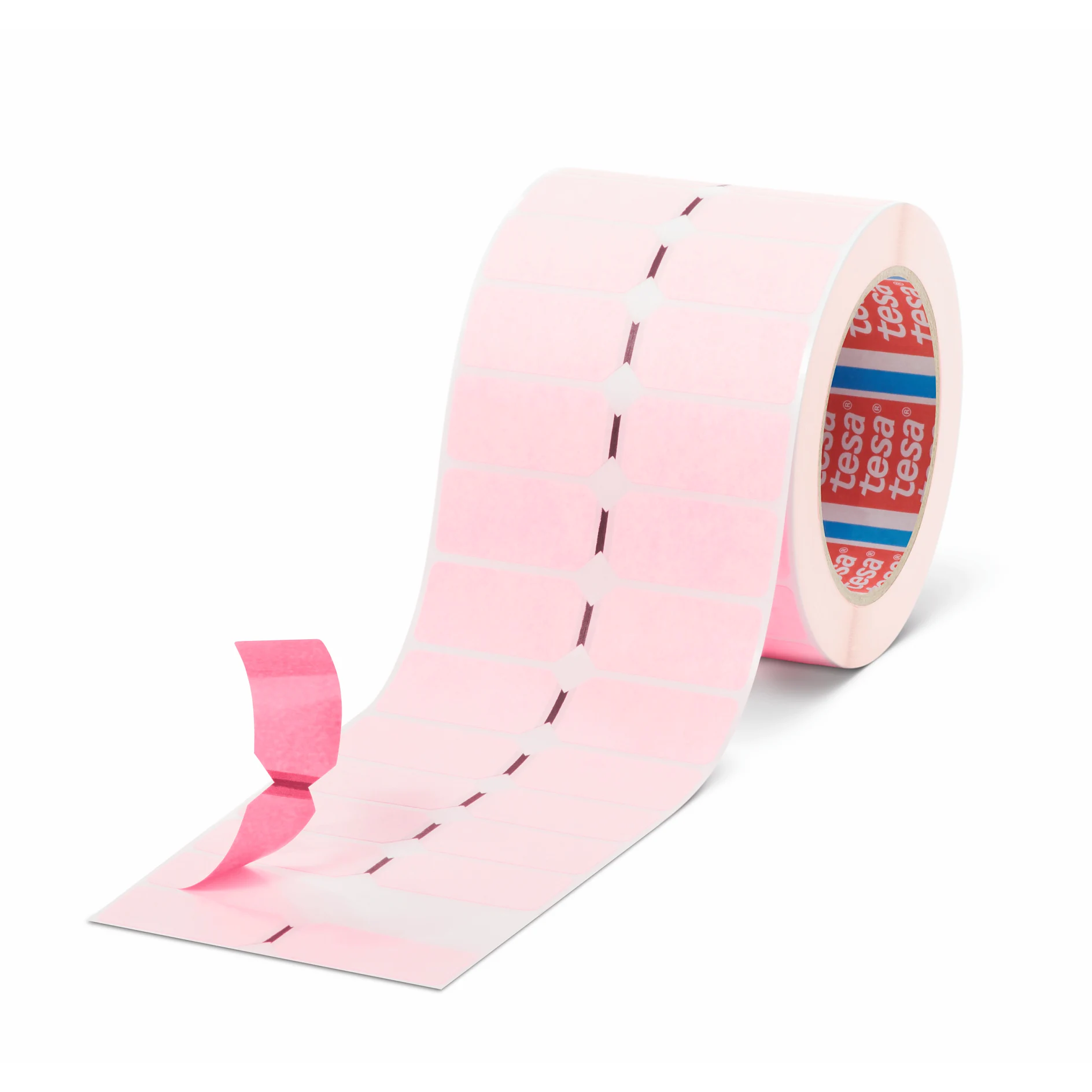 tesa pink adhesive tape roll with perforated strip, isolated on white background, used for crafting or packaging tasks (This text has been generated by AI)
