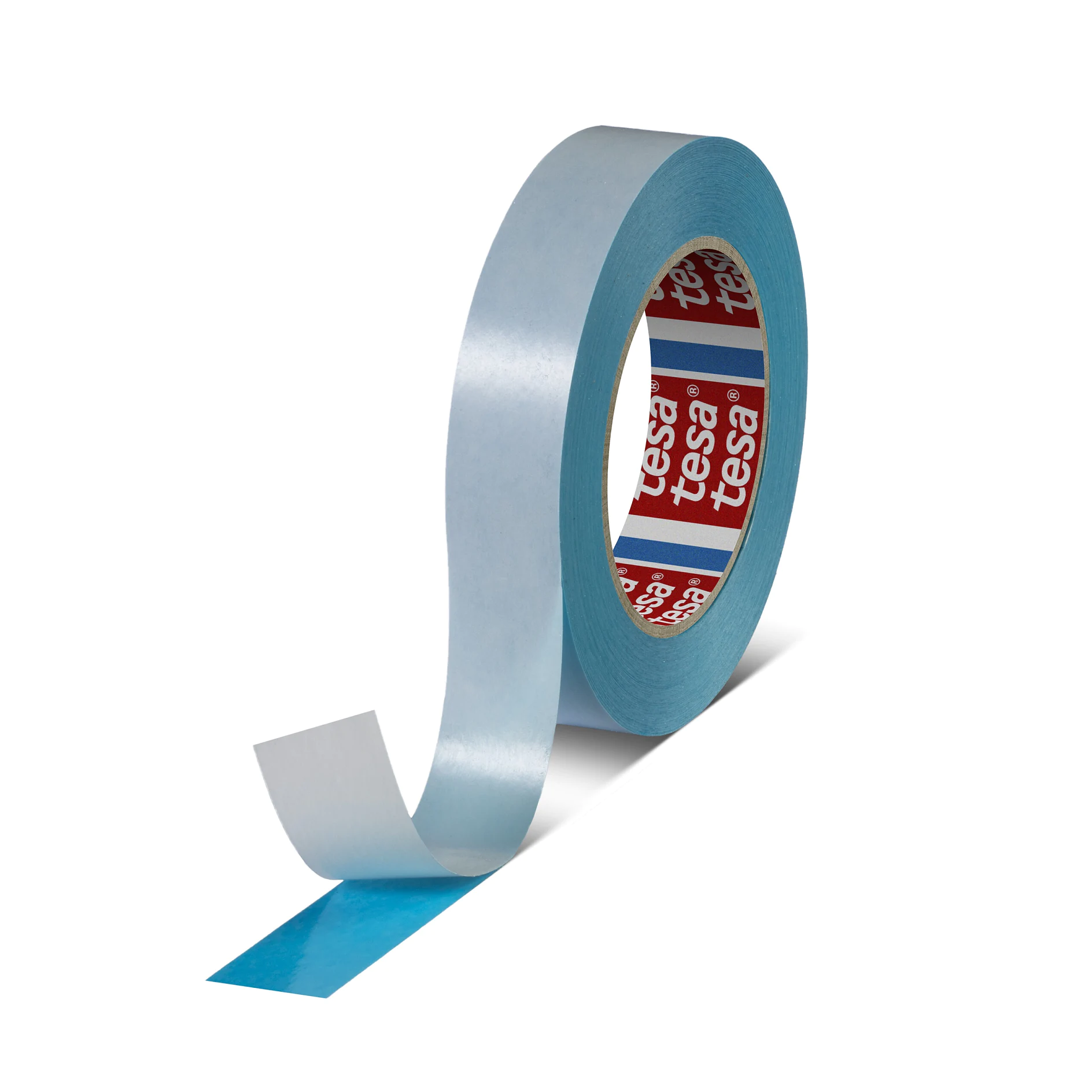 Roll of tesa blue adhesive tape partially unrolled on a white surface, isolated with visible branded core. (This text has been generated by AI)