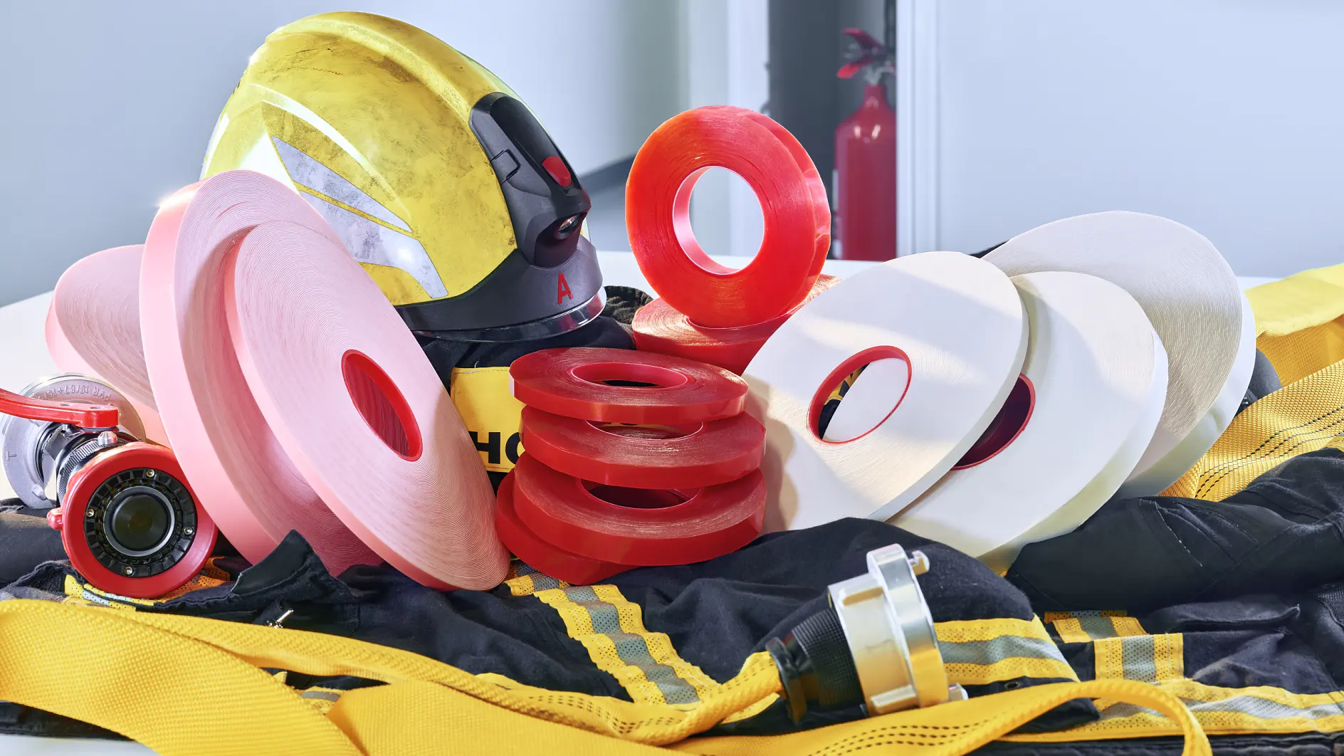 Various rolls of colored tesa tape are arranged on a table alongside a yellow helmet, red and silver flashlight, black and yellow clothing, and a yellow strap. A fire extinguisher is visible in the background.