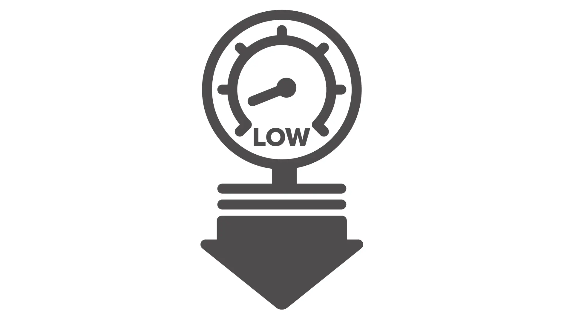 A gray gauge icon with a needle pointing left towards a section labeled LOW, positioned above a downward-pointing arrow, indicating low pressure or reduction. (This text has been generated by AI)