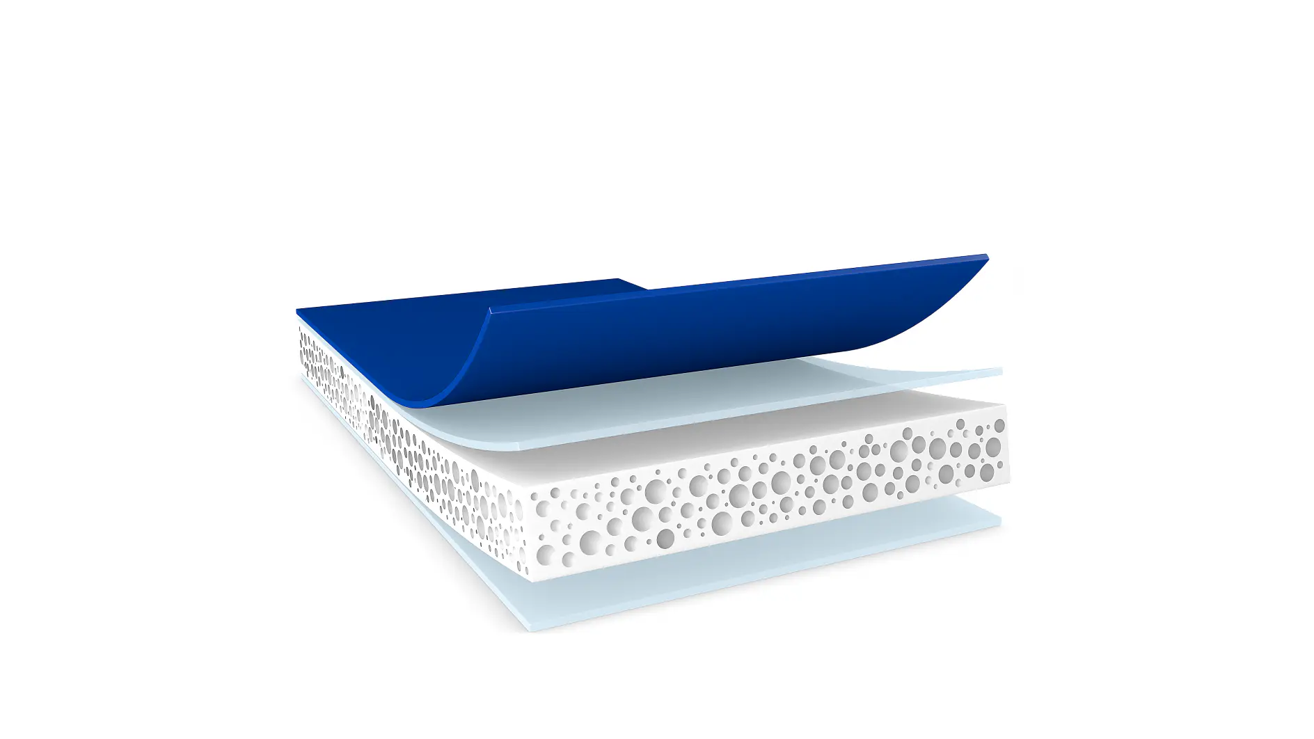 A 3D illustration depicting layers of a mattress. The image shows four layers: a blue top layer, a thin white layer beneath it, a thick white layer with visible bubbles, and a thin blue bottom layer. (This text has been generated by AI)