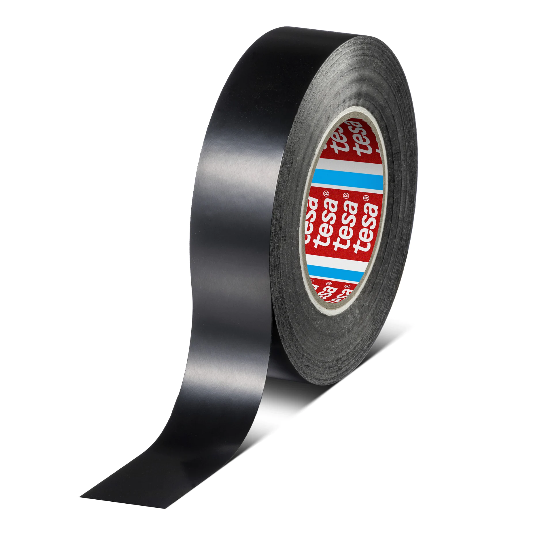 roll of black tesa adhesive tape with partially unrolled strip on white background (This text has been generated by AI)