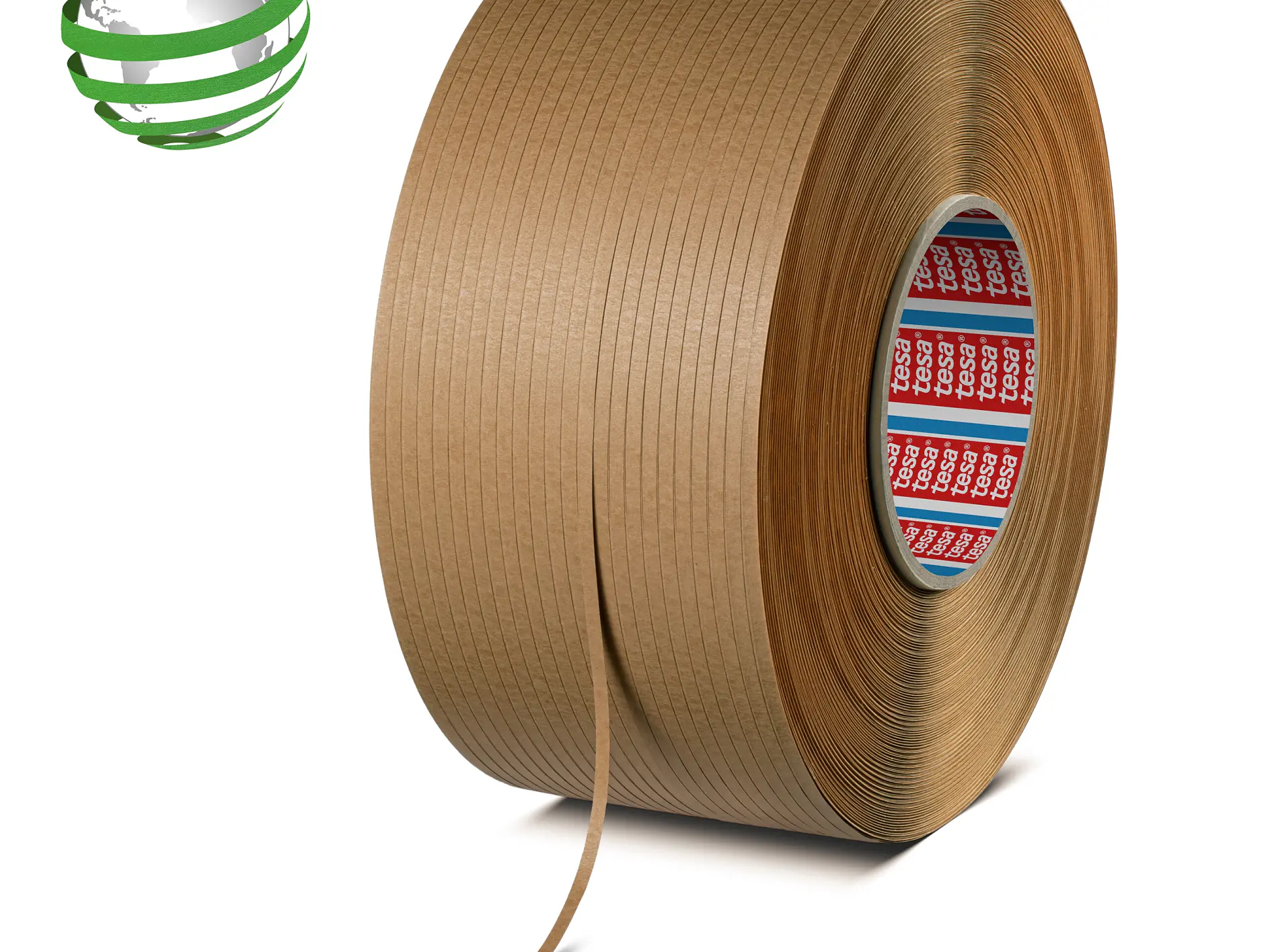 roll of brown tesa adhesive tape with a partially unrolled strip, set against a white background with a green globe logo nearby (This text has been generated by AI)