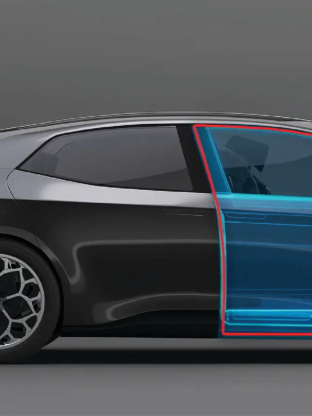 A side view of a black hatchback on gray, with the front passenger door outlined in red and blue using tesa tape to show its position. (This text has been generated by AI)