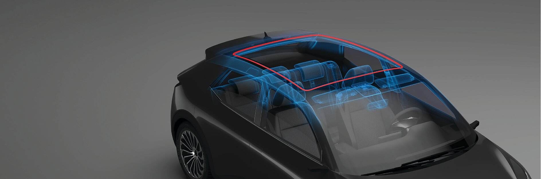 A car with a transparent overlay showing the interior seating and structure, highlighting the sunroof area in red, featuring tesa tape.