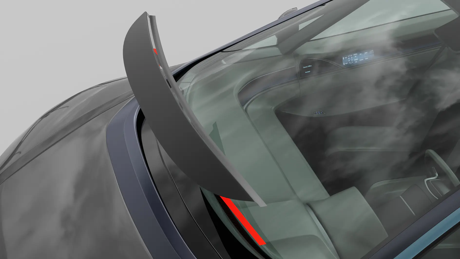 A close-up view of a car’s rear window and spoiler, with reflections of clouds visible on the glass and a partial view of the interior, including the dashboard and front seats. tesa tape is shown securing elements on or near the window, demonstrating its effectiveness for automotive applications.