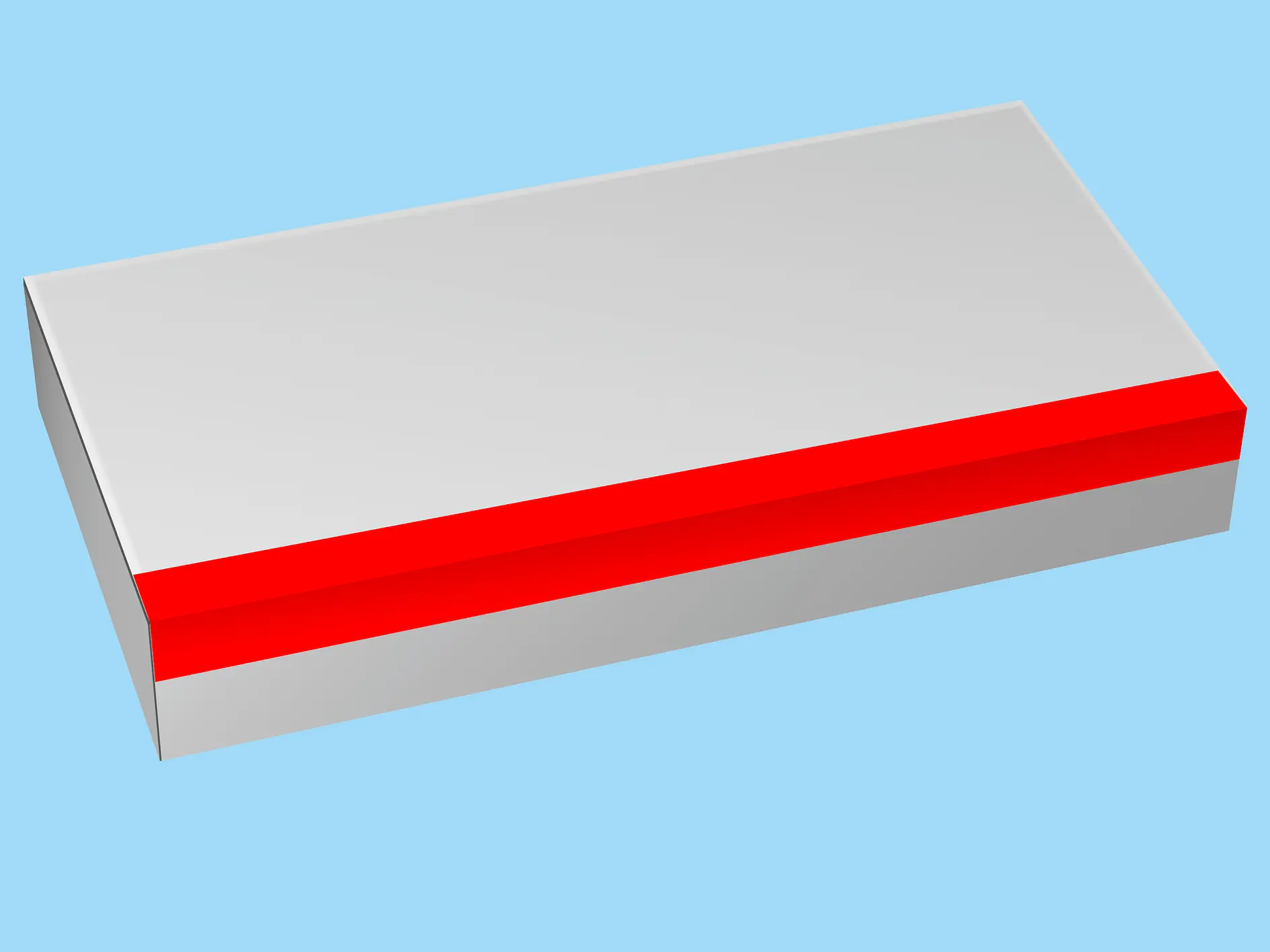 white rectangular box with a red stripe around the middle on a light blue background, isolated packaging design (This text has been generated by AI)