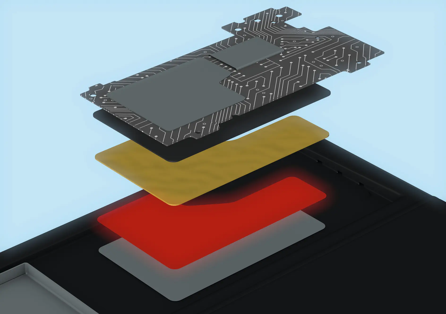 tesa adhesive layer positioned between a circuit board and a device component on a blue background, illustrating assembly process (This text has been generated by AI)