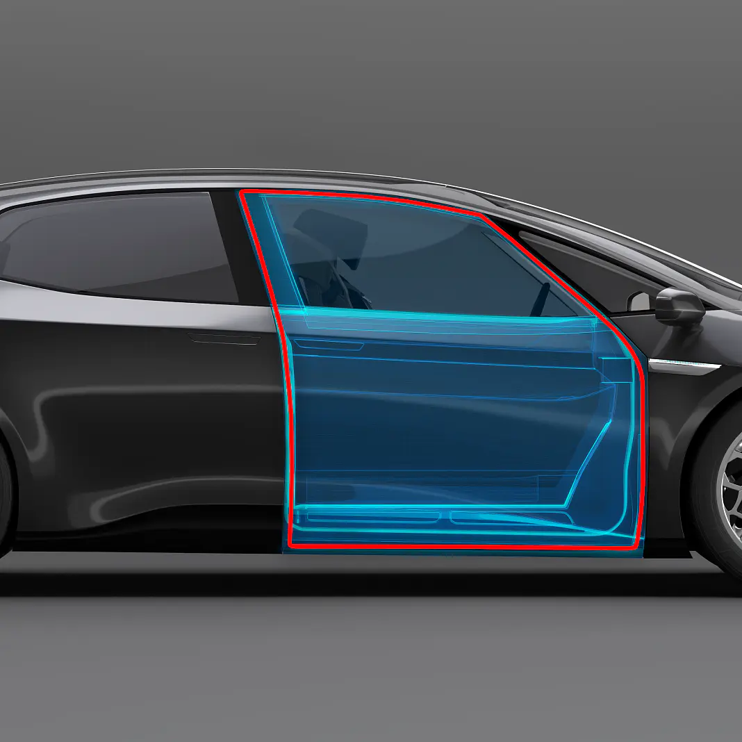 Side view of a black and silver car with a transparent blue overlay highlighting the front door area, showing the door’s dimensions and internal structure. Areas where tesa tape is used are indicated. The background is plain gray. (This text has been generated by AI)