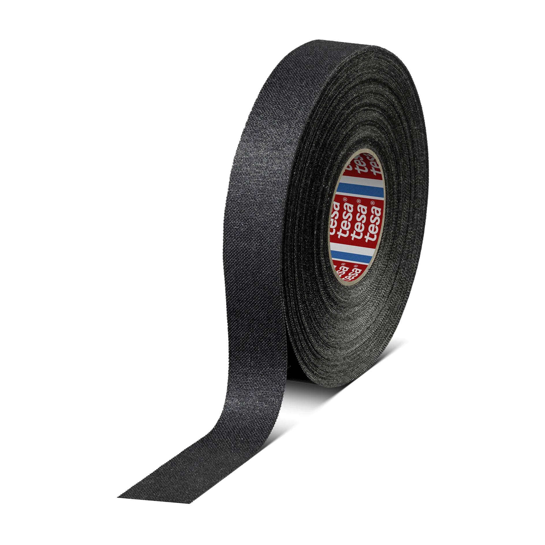 roll of black tesa adhesive tape standing upright with a strip extended on a white background (This text has been generated by AI)