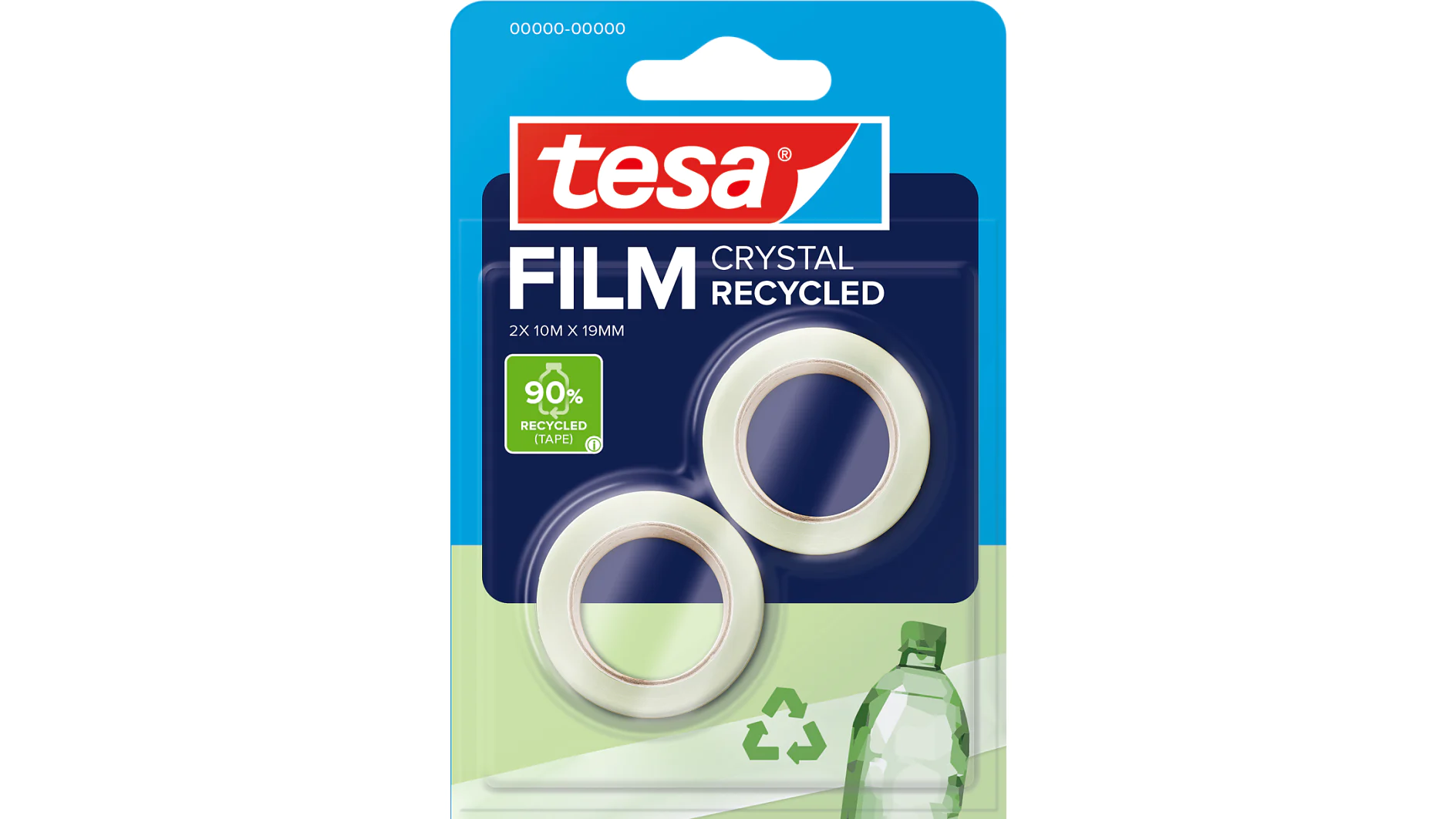 example product shot green info icon A retail package of tesa tape, labeled “Crystal Recycled,” with two rolls, a 90% recycled claim, recycling symbol, and bottle graphic. (This text has been generated by AI)