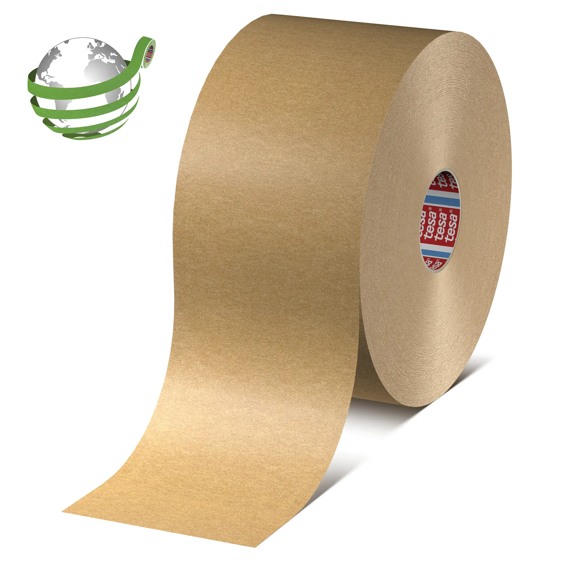 Large roll of brown kraft paper tape with tesa branding, isolated on white background, used for packaging or sealing. (This text has been generated by AI)