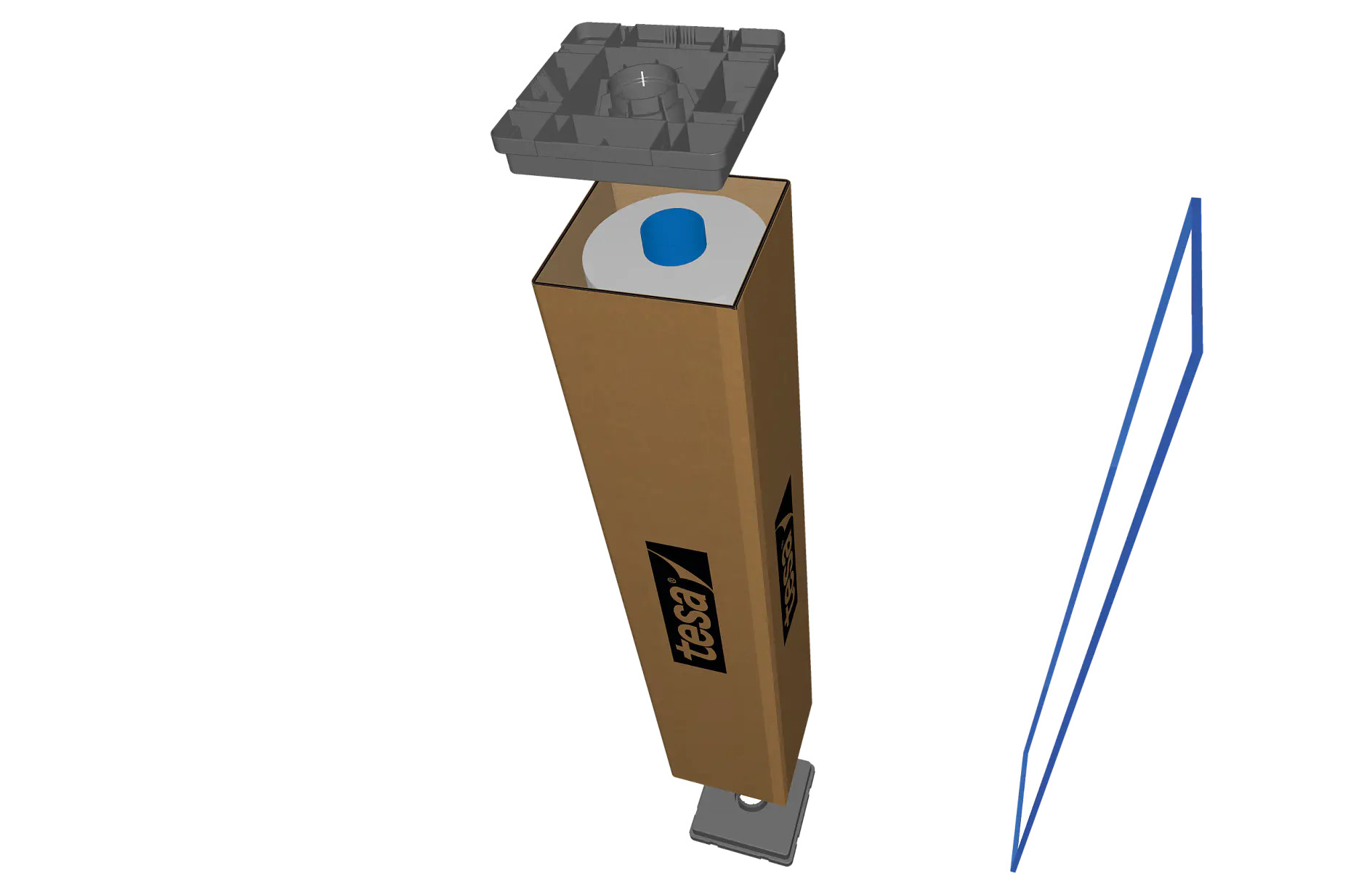 A 3D render of a tall tesa-branded box, open at the top, holding a blue-capped tesa tape roll, with gray inserts and blue line.