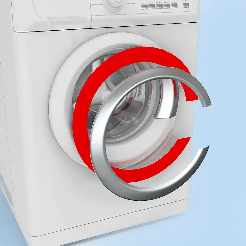 Decorative trims are mounted on the front door of a washing machine.