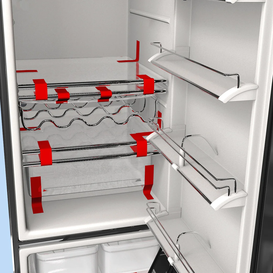 During transport glass shelves and loose bins are fixed with strapping tape.