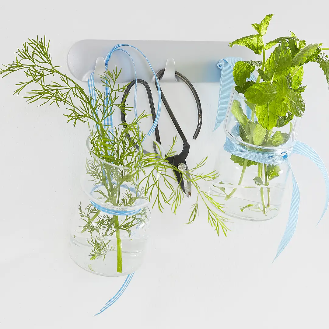 Lovely kitchen accessories: culinary herbs in glass jars - a practical kitchen decor. With the tesa Powerstrips® Hook Rack, it is easy to mount this unique kitchen storage.