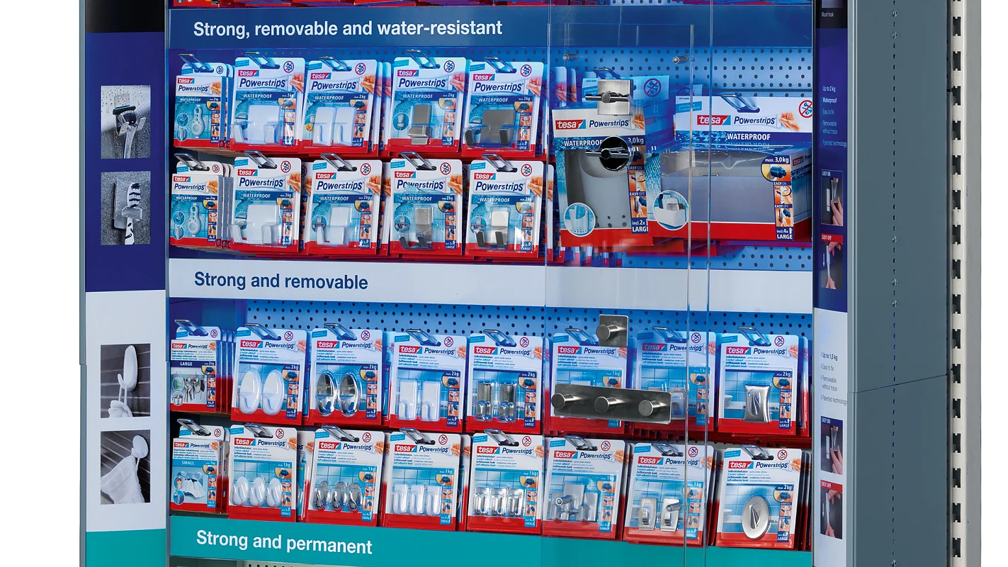 The new tesa® hook shelf offers shopper guidance and inspiration through the tesa hook assortment.
