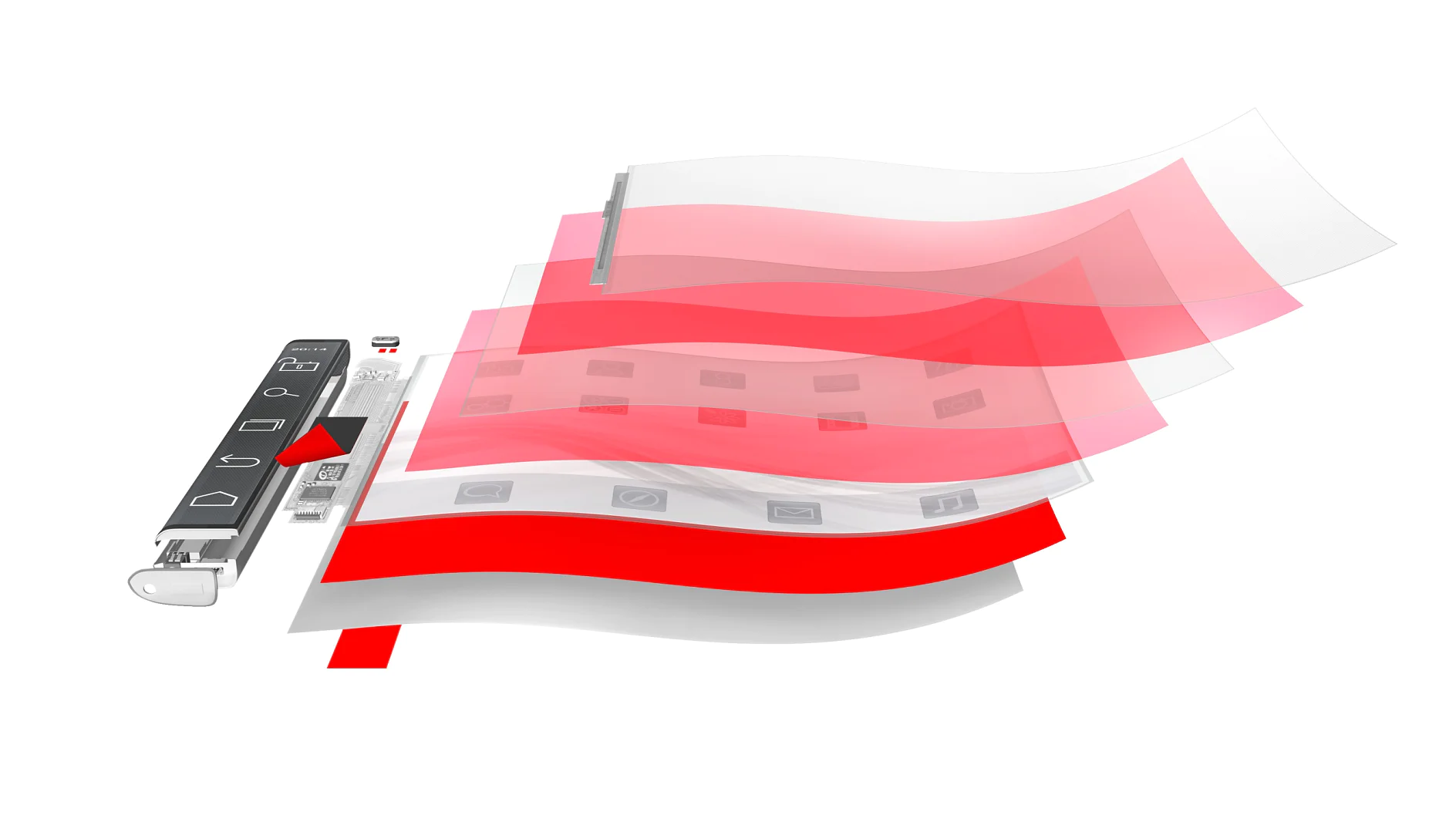 A black electronic device with buttons on the side emits multiple layered, transparent red sheets with various icons. The sheets appear to be expanding or fanning out from the device, creating a dynamic, wave-like effect. (This text has been generated by AI)