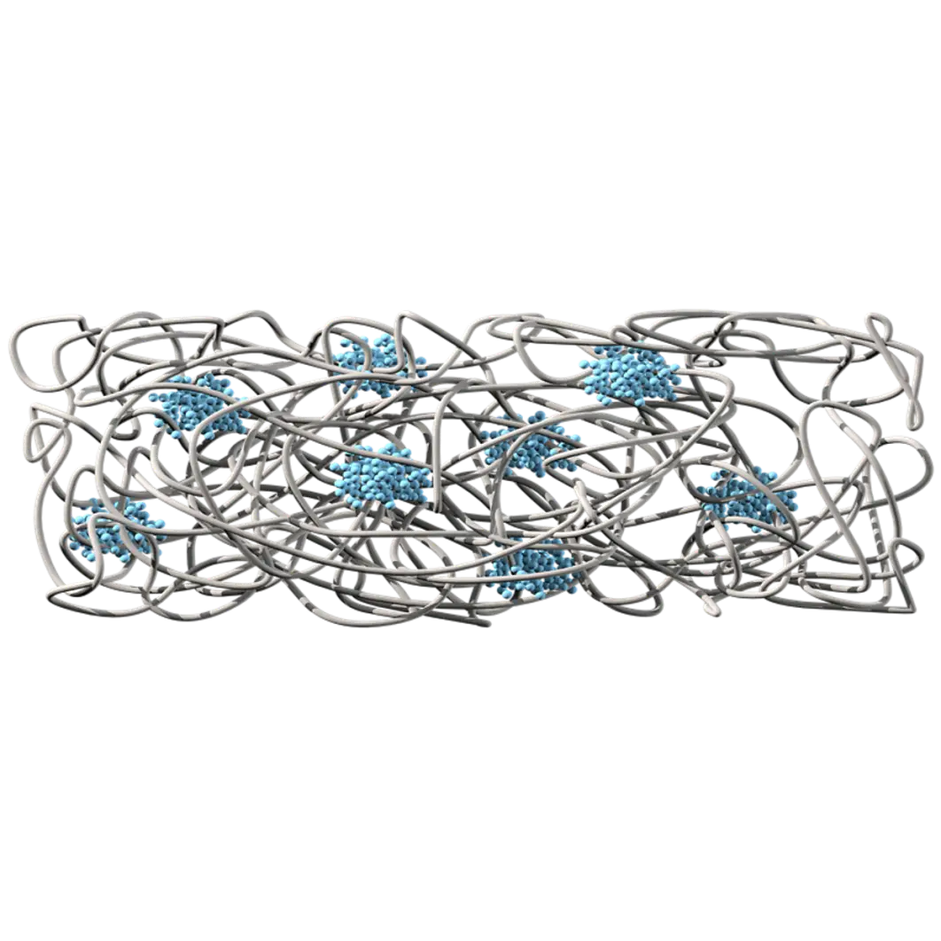 The chemical structur of synthetic rubber adhesive shows a Rubber Matrix (grey) that provides adhesion and elasticity. The long polymere chains are tangled up in each other like spaghetti on the plate. Polysterene Domains (blue) provide additional cohesion and tear resistance.