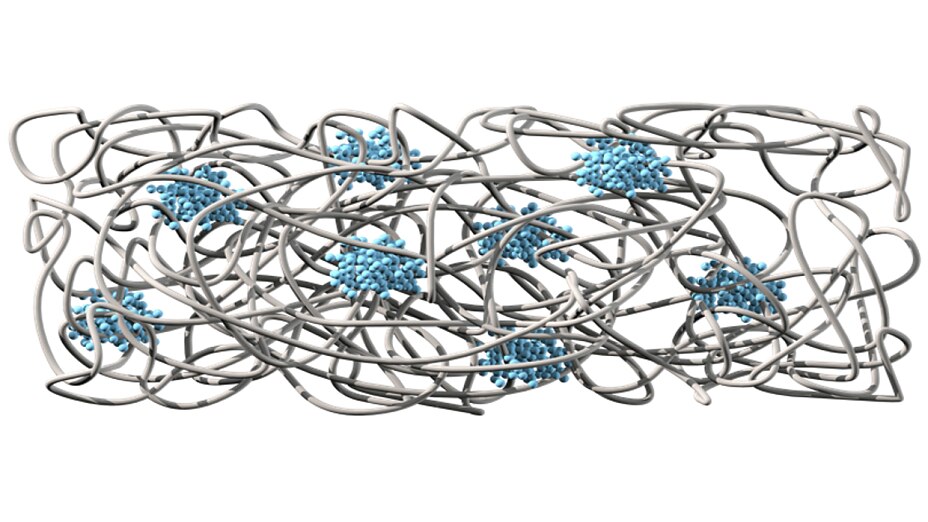 The chemical structur of synthetic rubber adhesive shows a Rubber Matrix (grey) that provides adhesion and elasticity. The long polymere chains are tangled up in each other like spaghetti on the plate. Polysterene Domains (blue) provide additional cohesion and tear resistance.