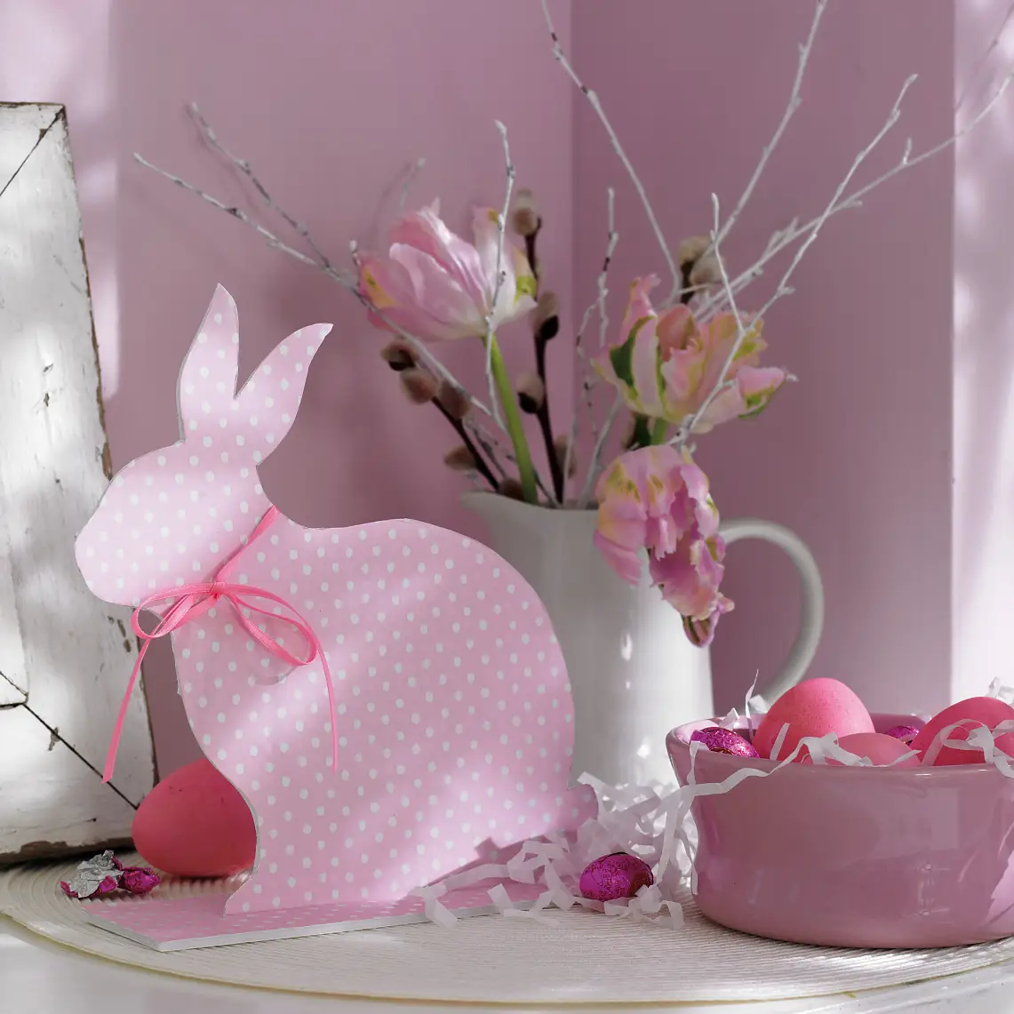 How sweet! Peter Cottontail is quickly brought to life out of foam board and gift-wrapping paper.