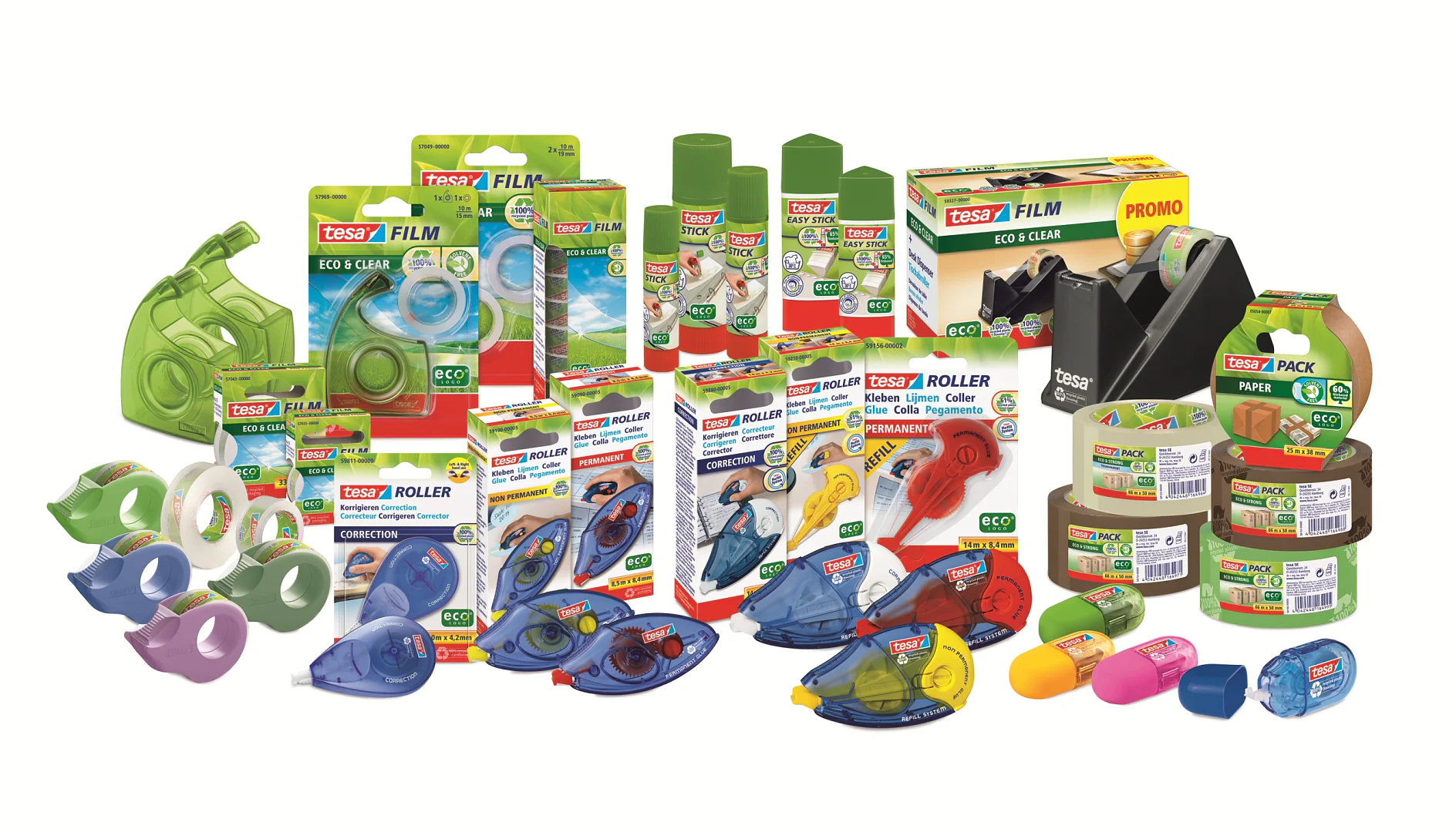 tesa ecoLogo® assortment tesa first launched its ecoLogo® product range back in 2010, and ever since then has offered products made using ecofriendly methods and materials, including adhesive tapes and dispensers, packing tapes, double-sided adhesive tapes, glue sticks, and correction tape dispensers.